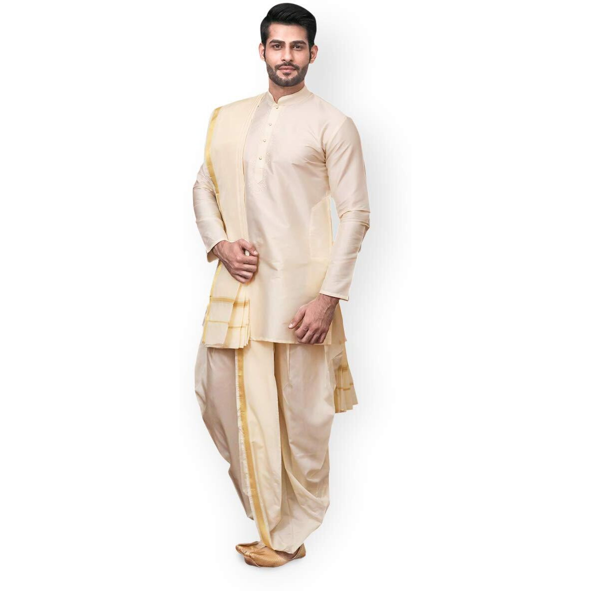 Manyavar Men's Cotton Kurta Dhoti Set (Off White, Large)