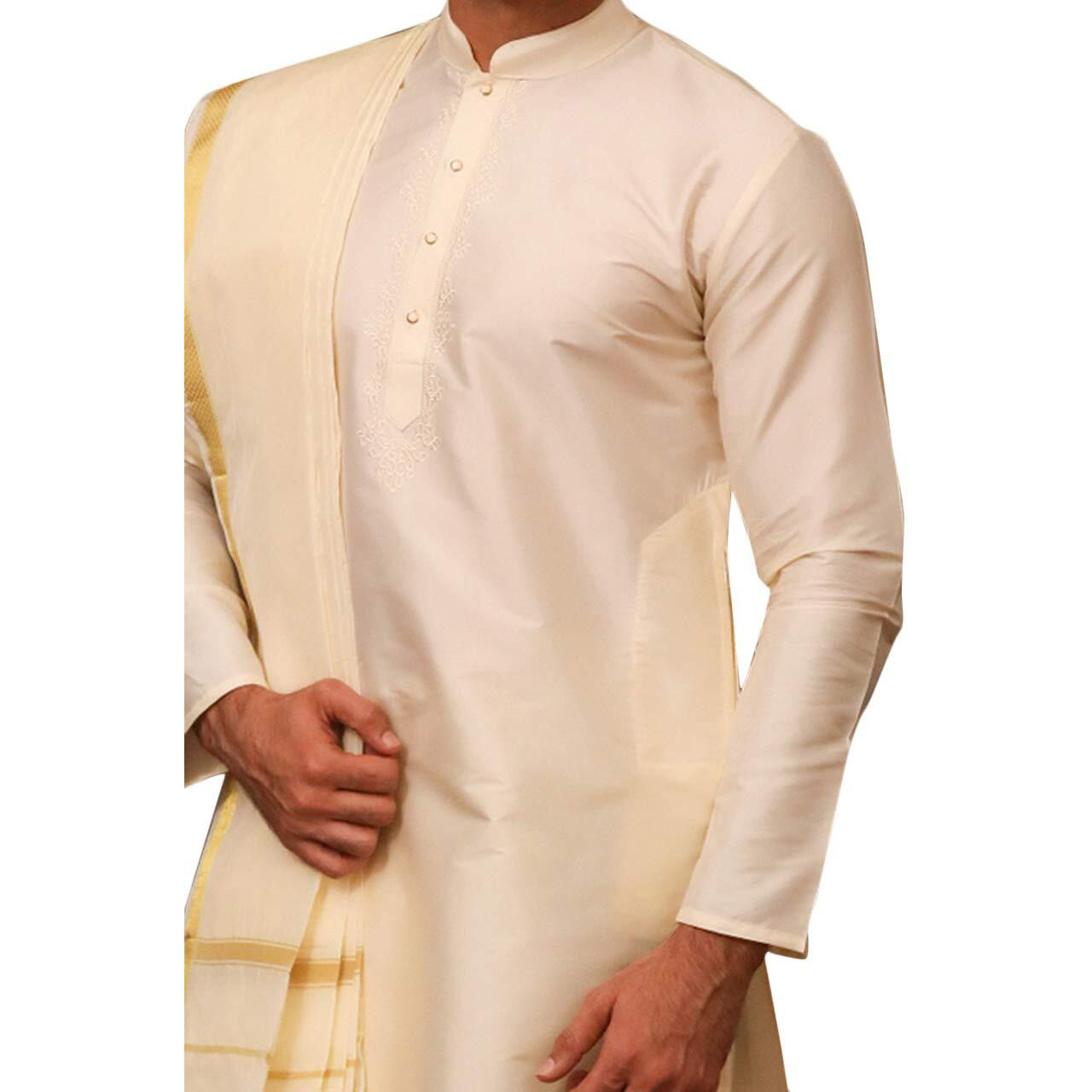 Manyavar Men's Cotton Kurta Dhoti Set (Off White, Large)