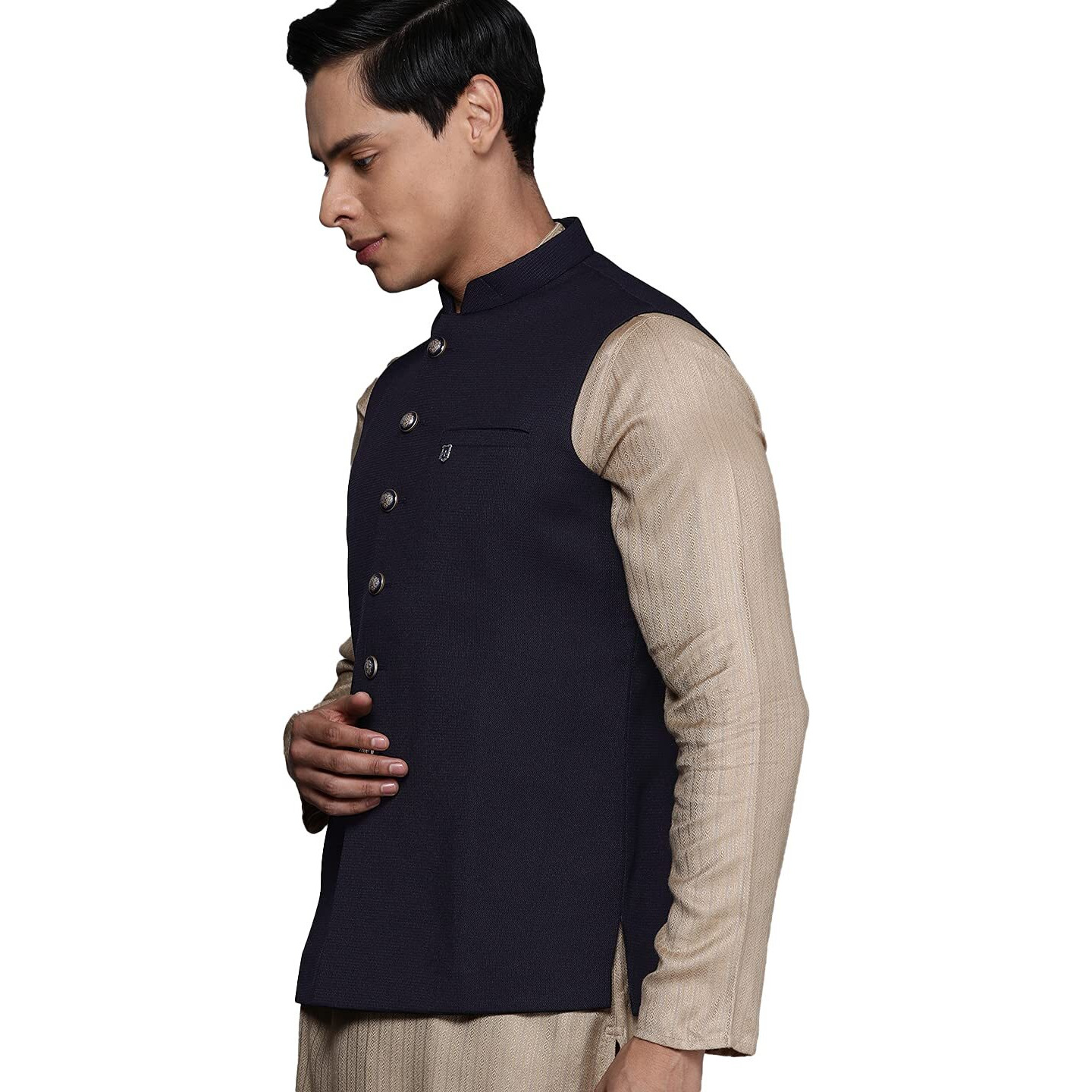 Manyavar Men's Nehru Jacket Blue_M
