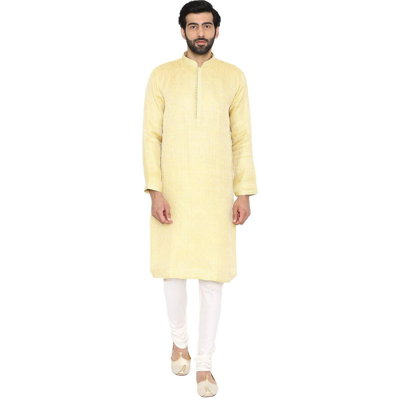 Manyavar Men's Silk Kurta Pyjama (SOSK399_Yellow_Medium)