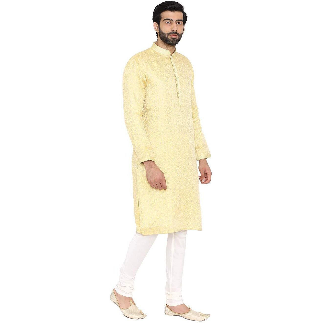 Manyavar Men's Silk Kurta Pyjama (SOSK399_Yellow_Medium)