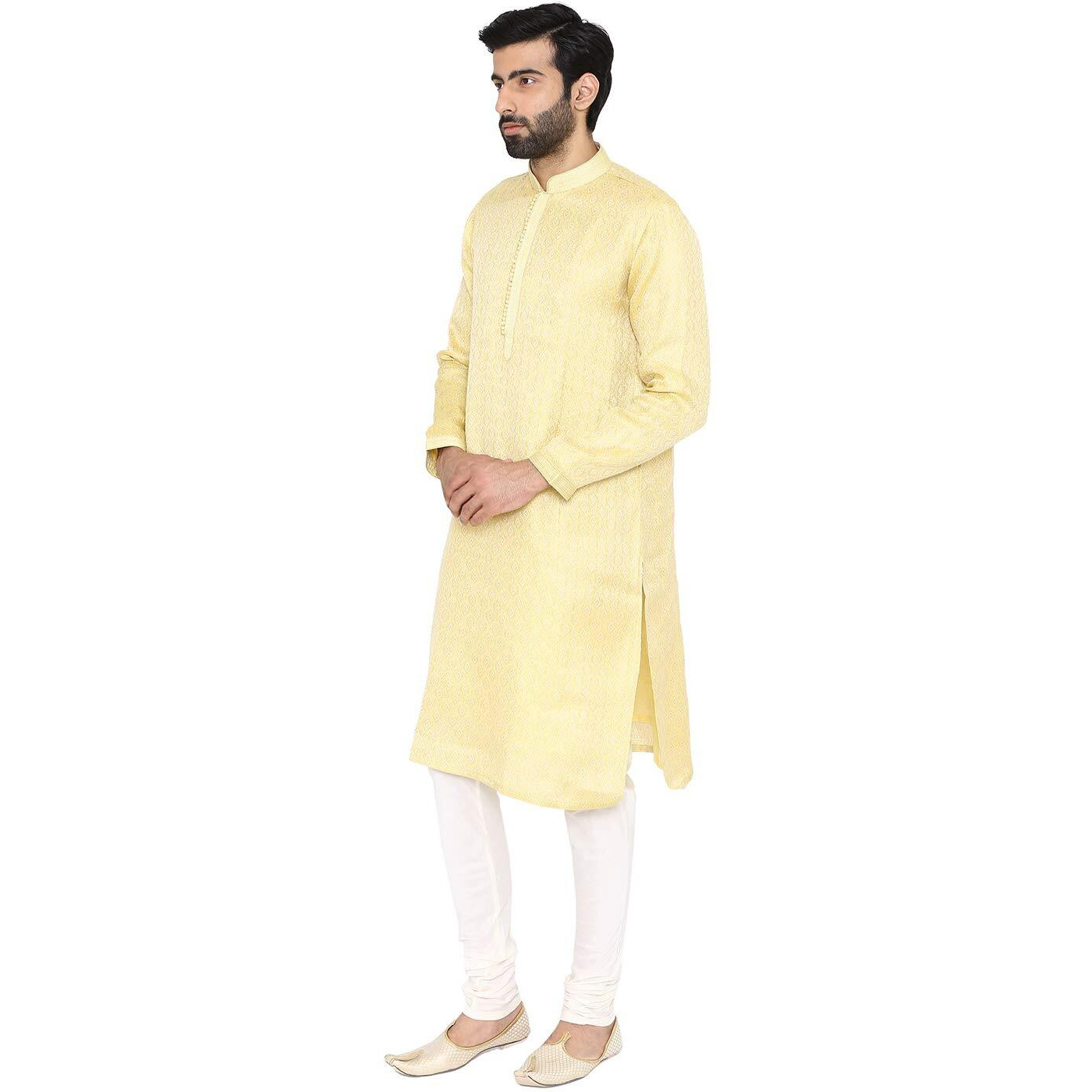 Manyavar Men's Silk Kurta Pyjama (SOSK399_Yellow_Medium)