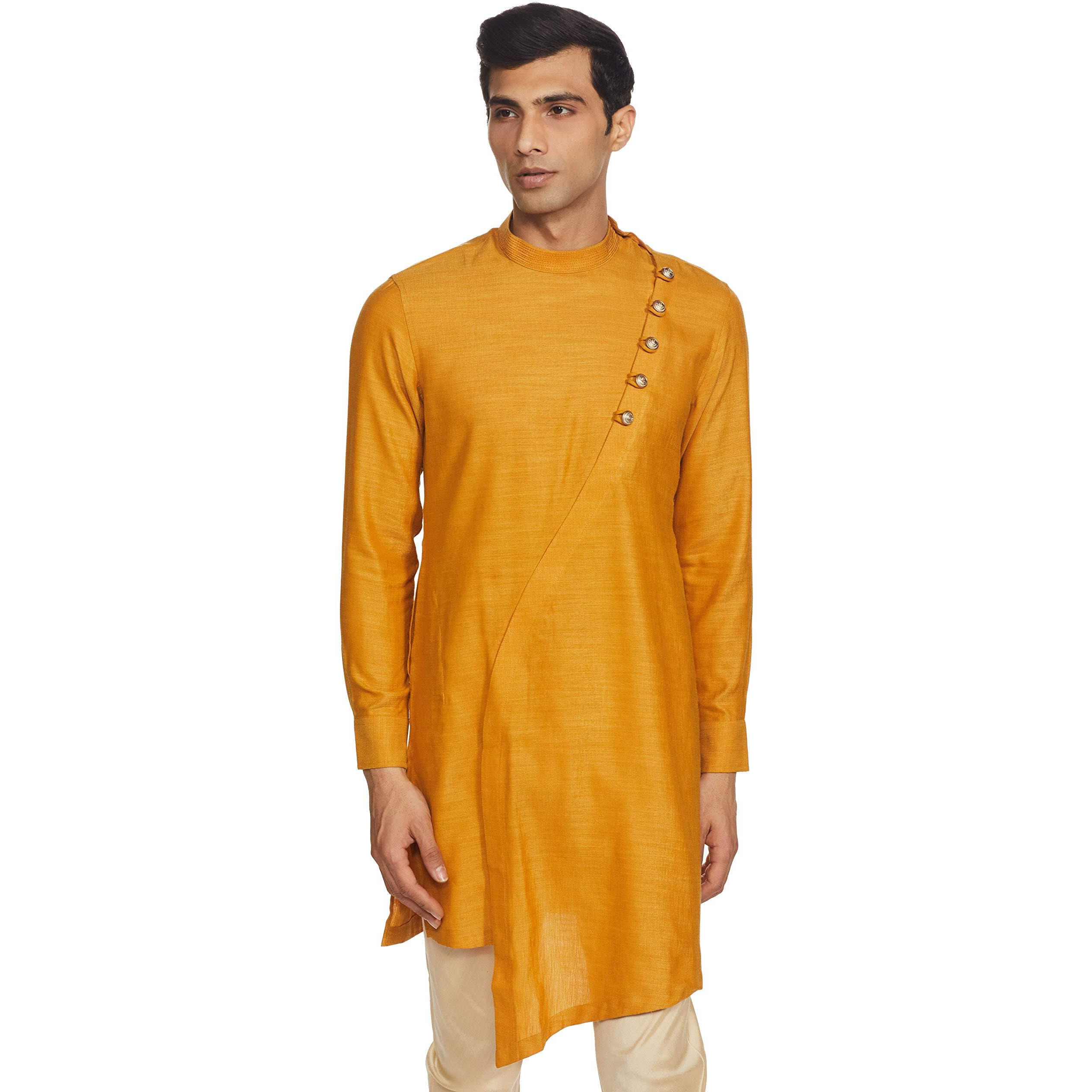 Manyavar Bright Yellow Patterned Kurta Set for Mens(Large,Orange)