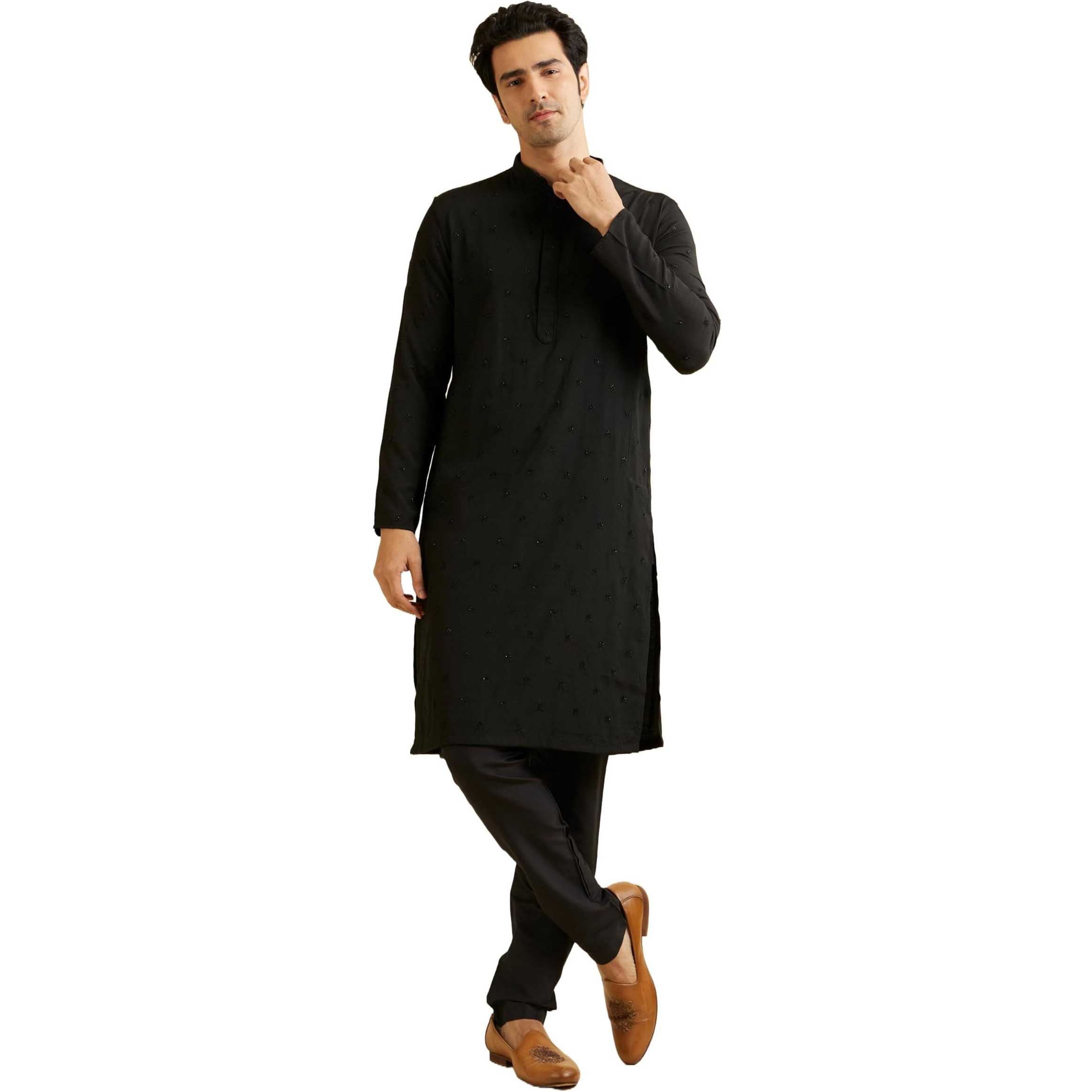 Manyavar Traditional SelfDesign Kurta and Churidar Set For Men - (Black, X-Large)
