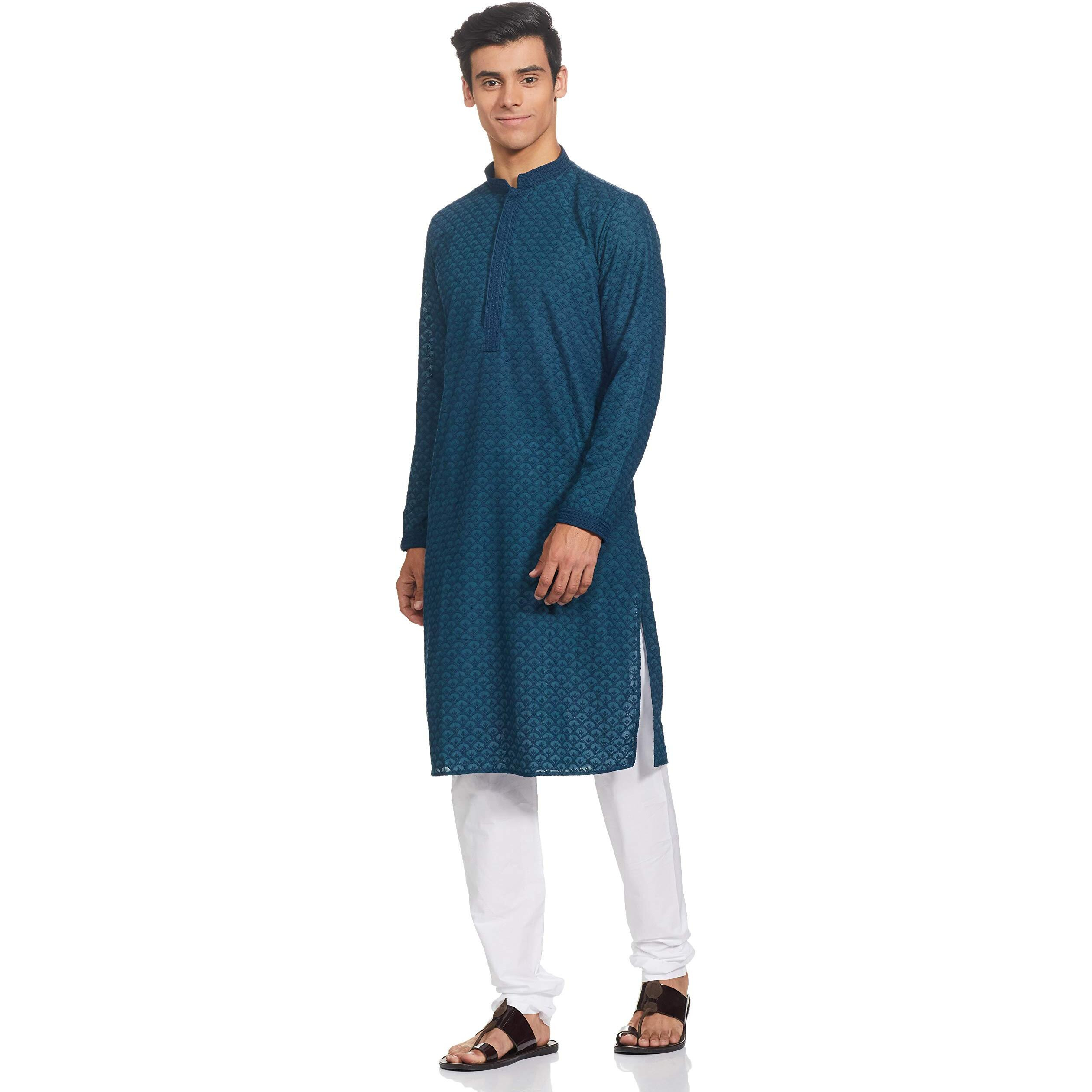 Manyavar Murky Green Chikan Kurta Set for Mens(Medium,Blue)