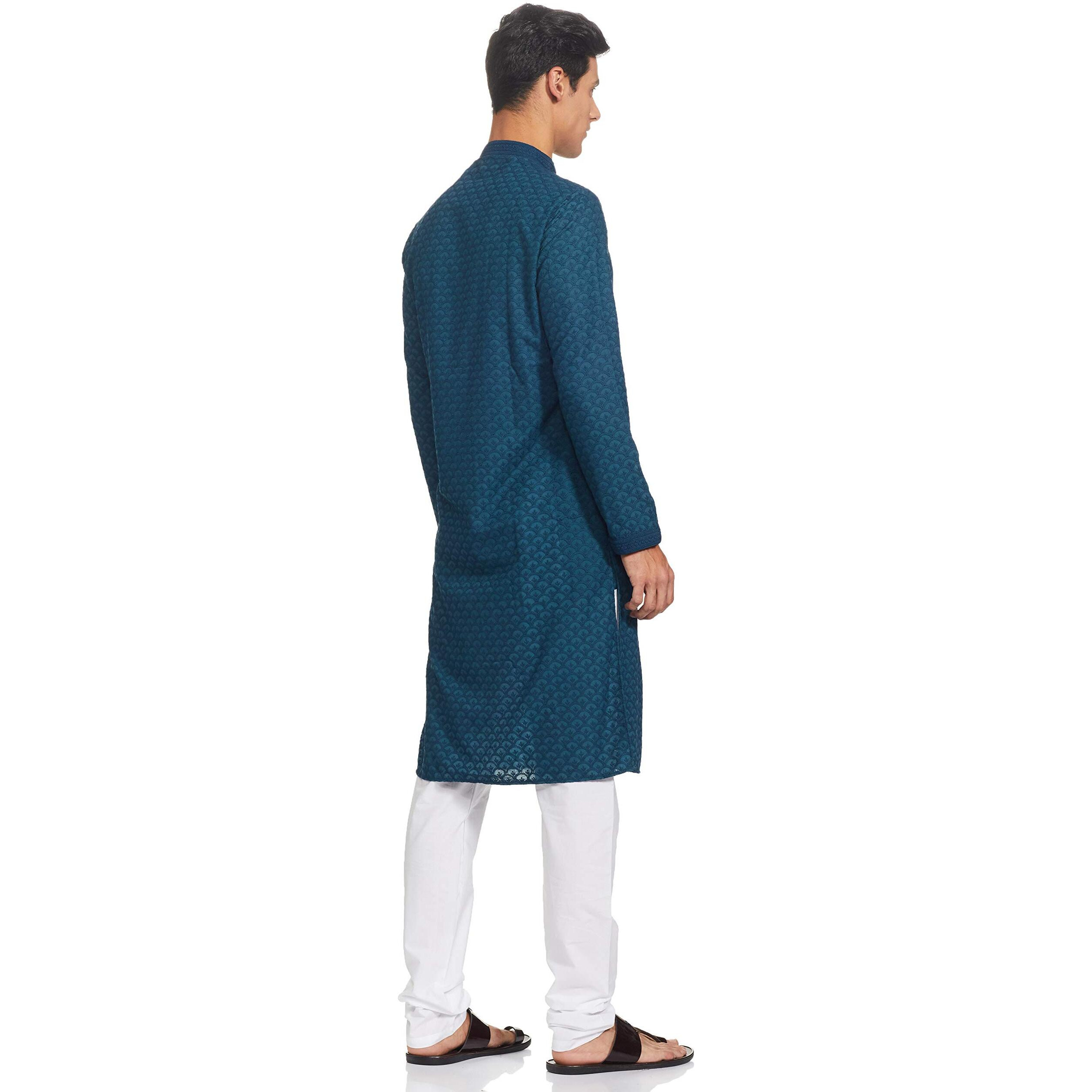 Manyavar Murky Green Chikan Kurta Set for Mens(Medium,Blue)