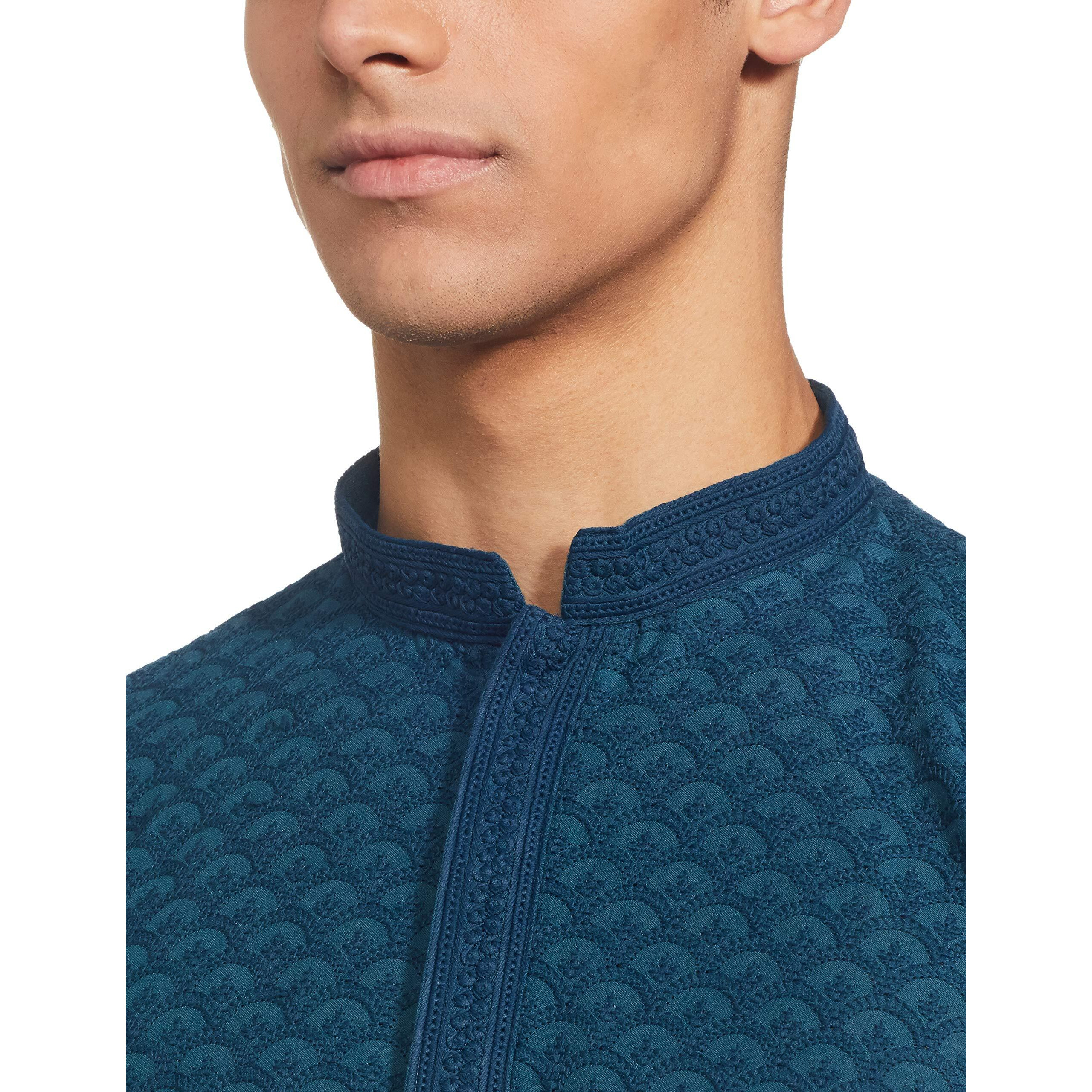 Manyavar Murky Green Chikan Kurta Set for Mens(Medium,Blue)