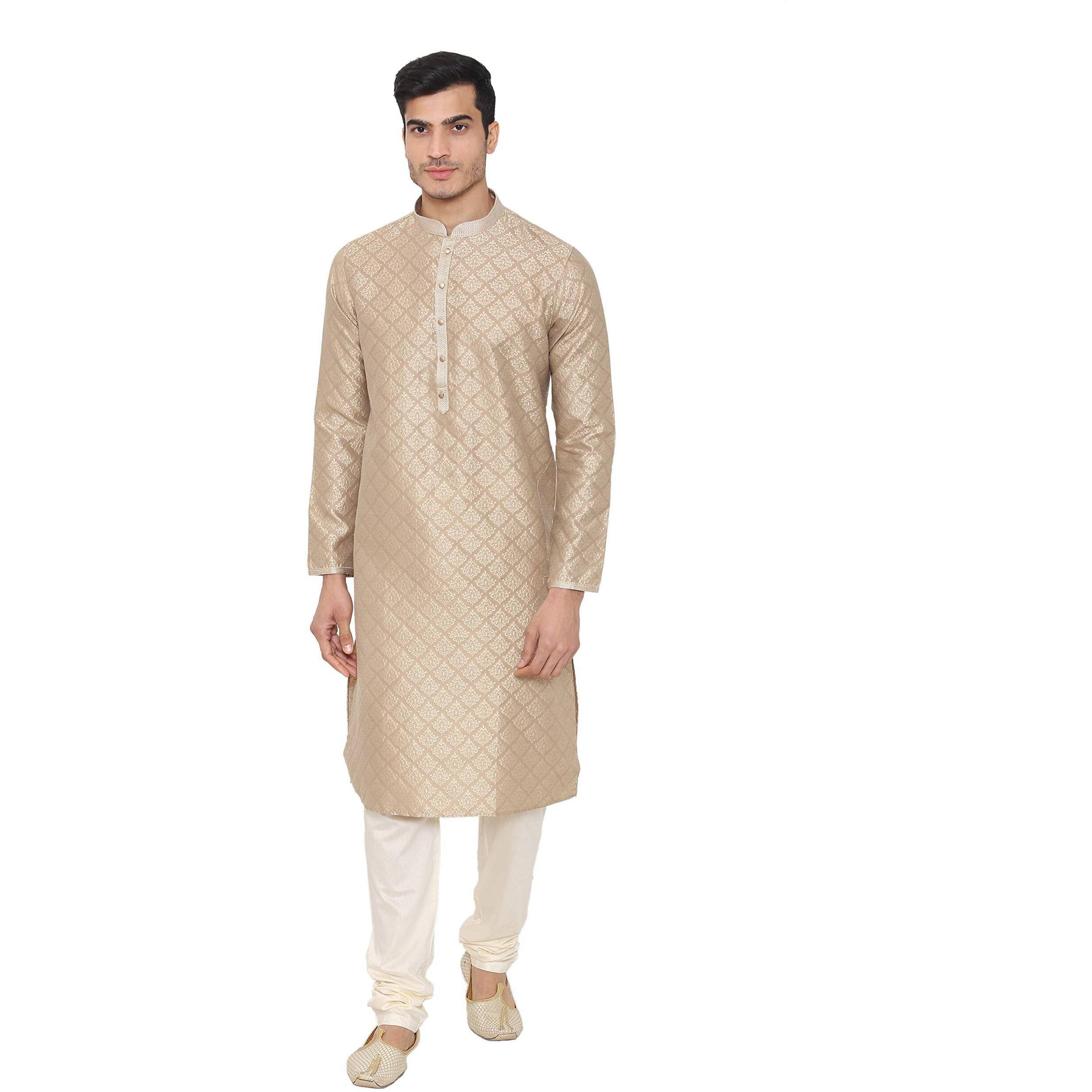 Manyavar Dazzling Brocade Kurta Churidar Set in Beige for Mens(Large,Beige)