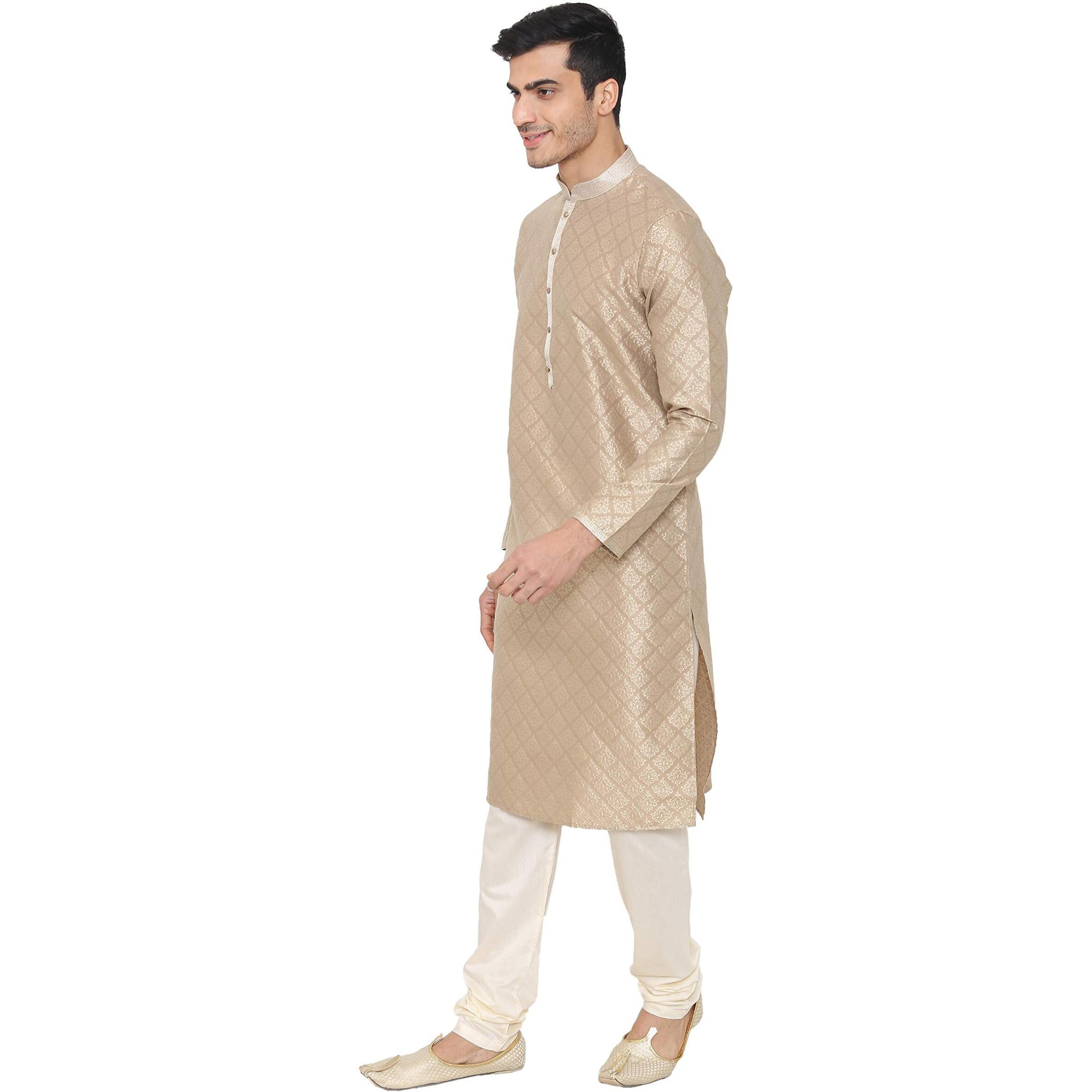 Manyavar Dazzling Brocade Kurta Churidar Set in Beige for Mens(Large,Beige)