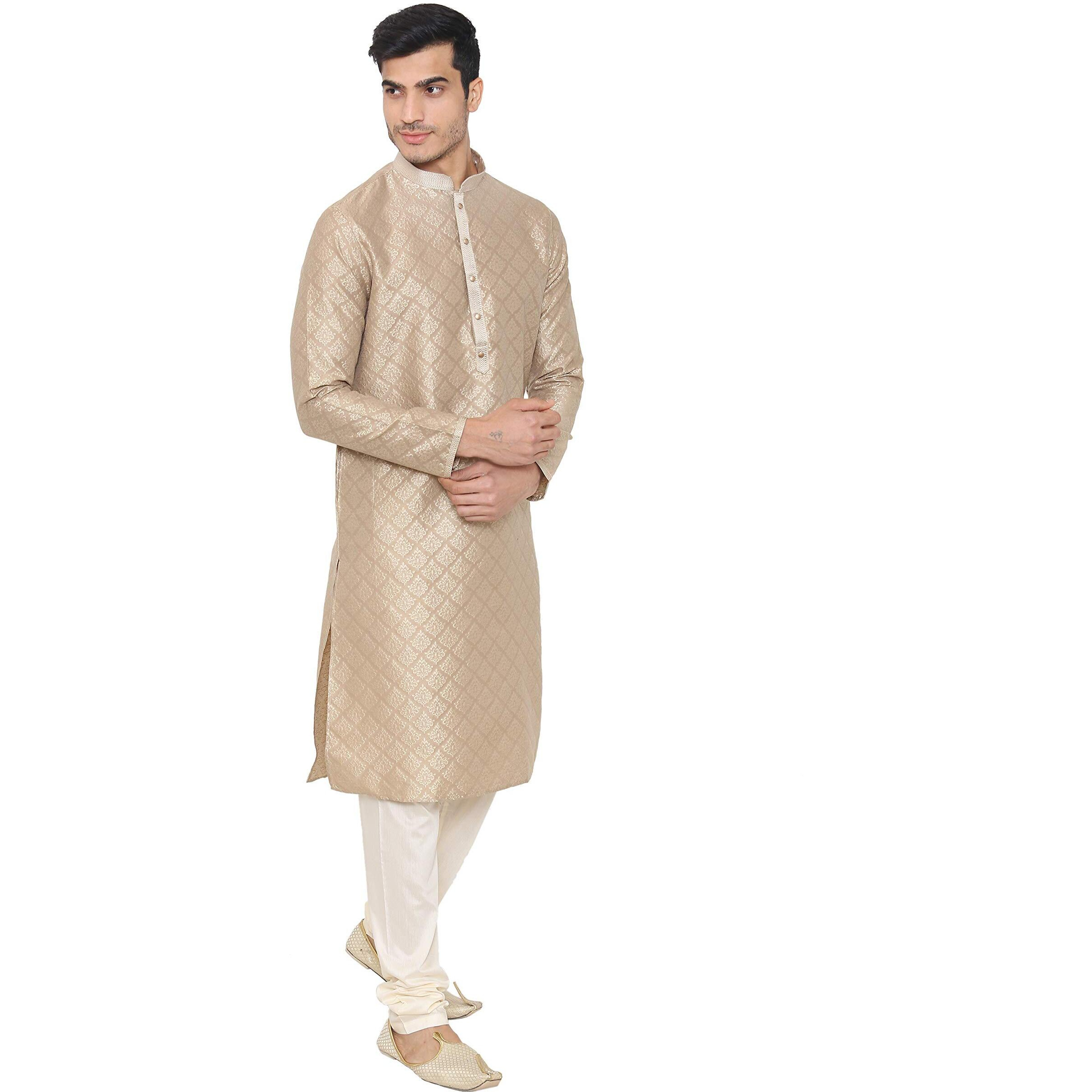 Manyavar Dazzling Brocade Kurta Churidar Set in Beige for Mens(Large,Beige)