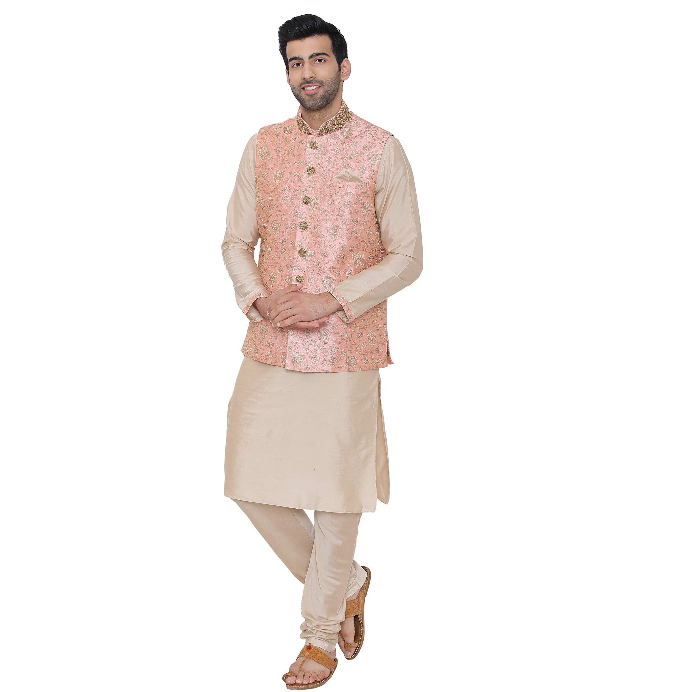 Manyavar Men's Silk Blend Kurta Chudidar (JAST138_Pink_L)