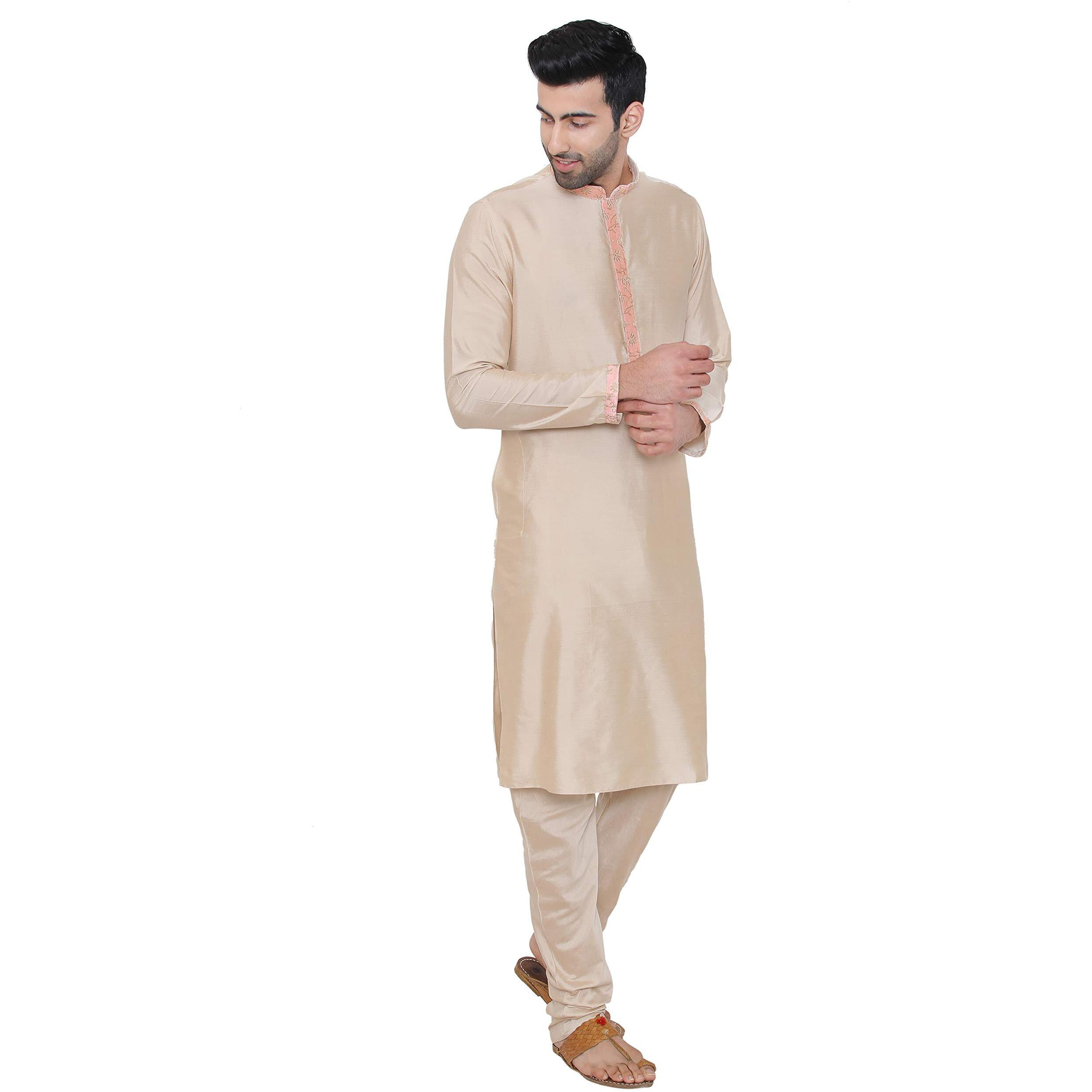Manyavar Men's Silk Blend Kurta Chudidar (JAST138_Pink_L)