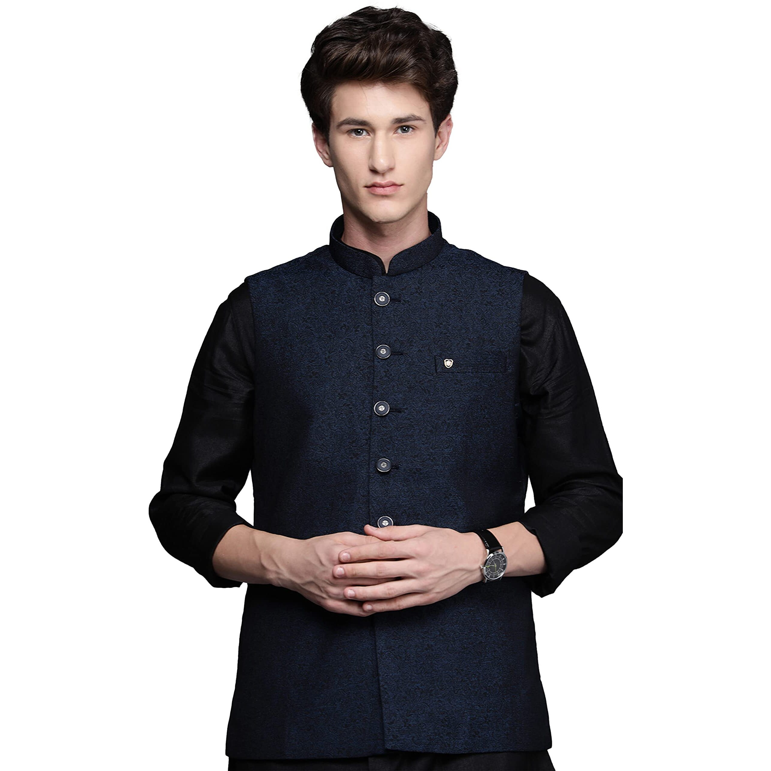 Manyavar Mens Jacket, Nehru Jacket for Men, Ethnic Jacket for Festival, Wedding, Party, Sleevless Jacket Blended Rayon (Blue, L)