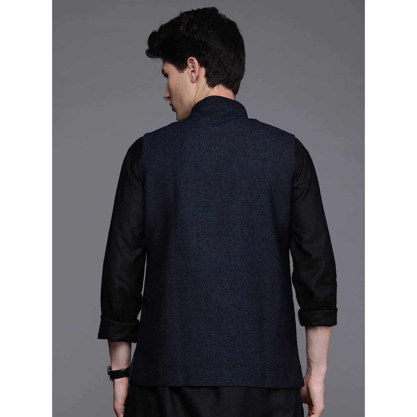 Manyavar Mens Jacket, Nehru Jacket for Men, Ethnic Jacket for Festival, Wedding, Party, Sleevless Jacket Blended Rayon (Blue, L)