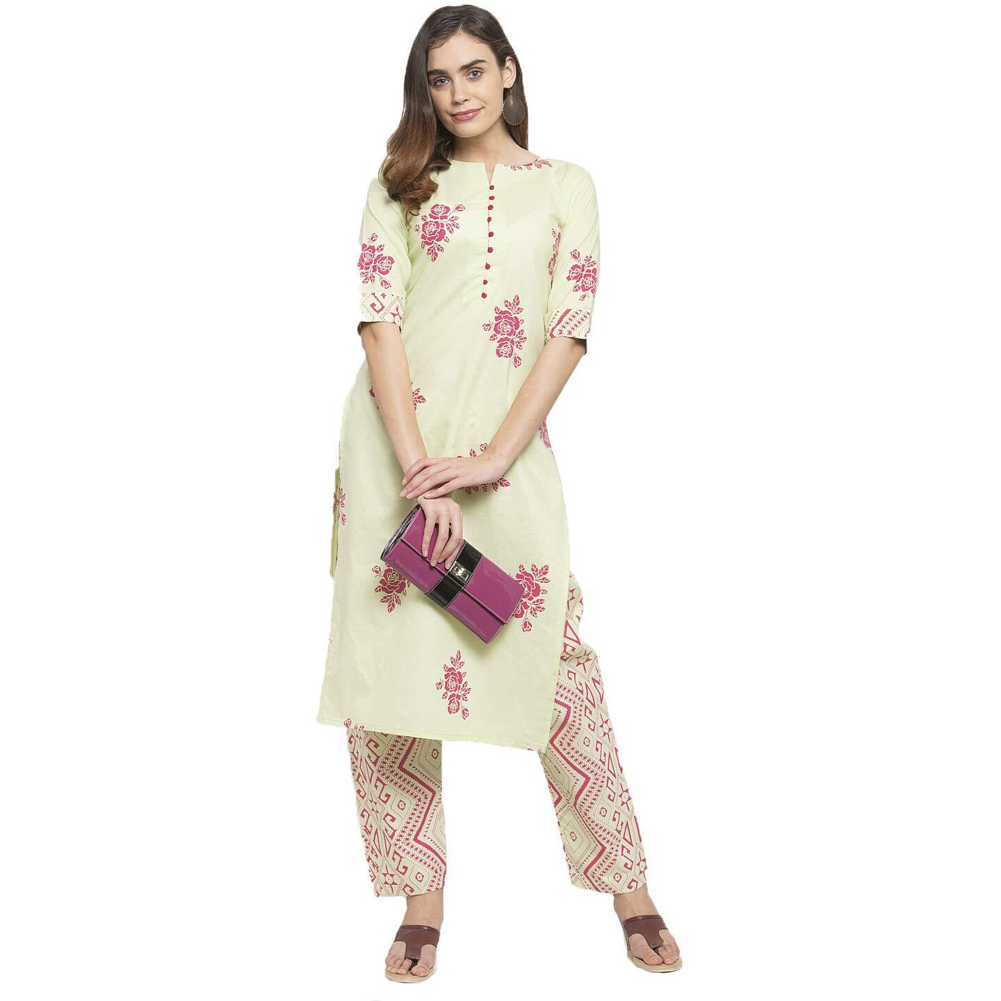 GoSriKi Women's Cotton Kurta with Printed Pant Set(NNDITA-Pista)