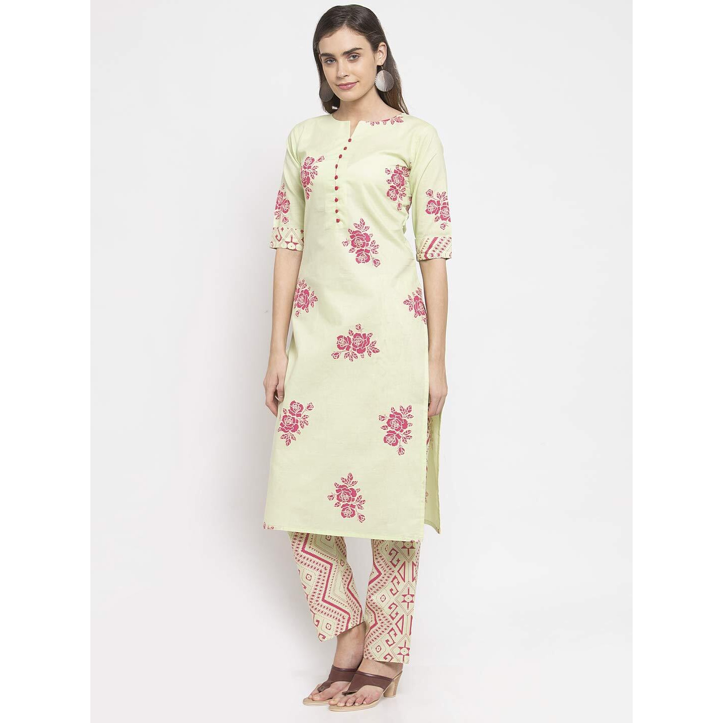 GoSriKi Women's Cotton Kurta with Printed Pant Set(NNDITA-Pista)