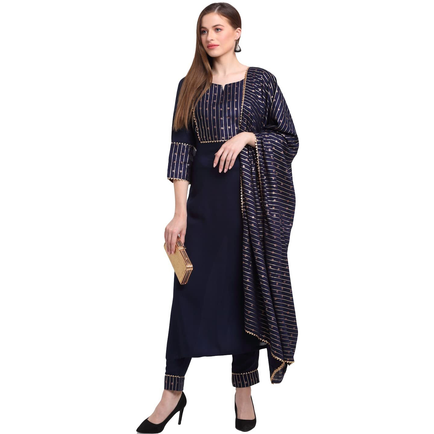 GoSriKi Women's Cotton Straight Kurta with Palazzo & Dupatta (CHHAVI Navy Blue_S-GO_Navy Blue_Small)