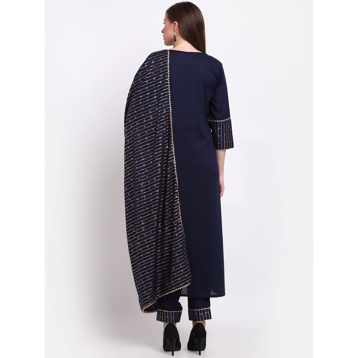 GoSriKi Women's Cotton Straight Kurta with Palazzo & Dupatta (CHHAVI Navy Blue_S-GO_Navy Blue_Small)
