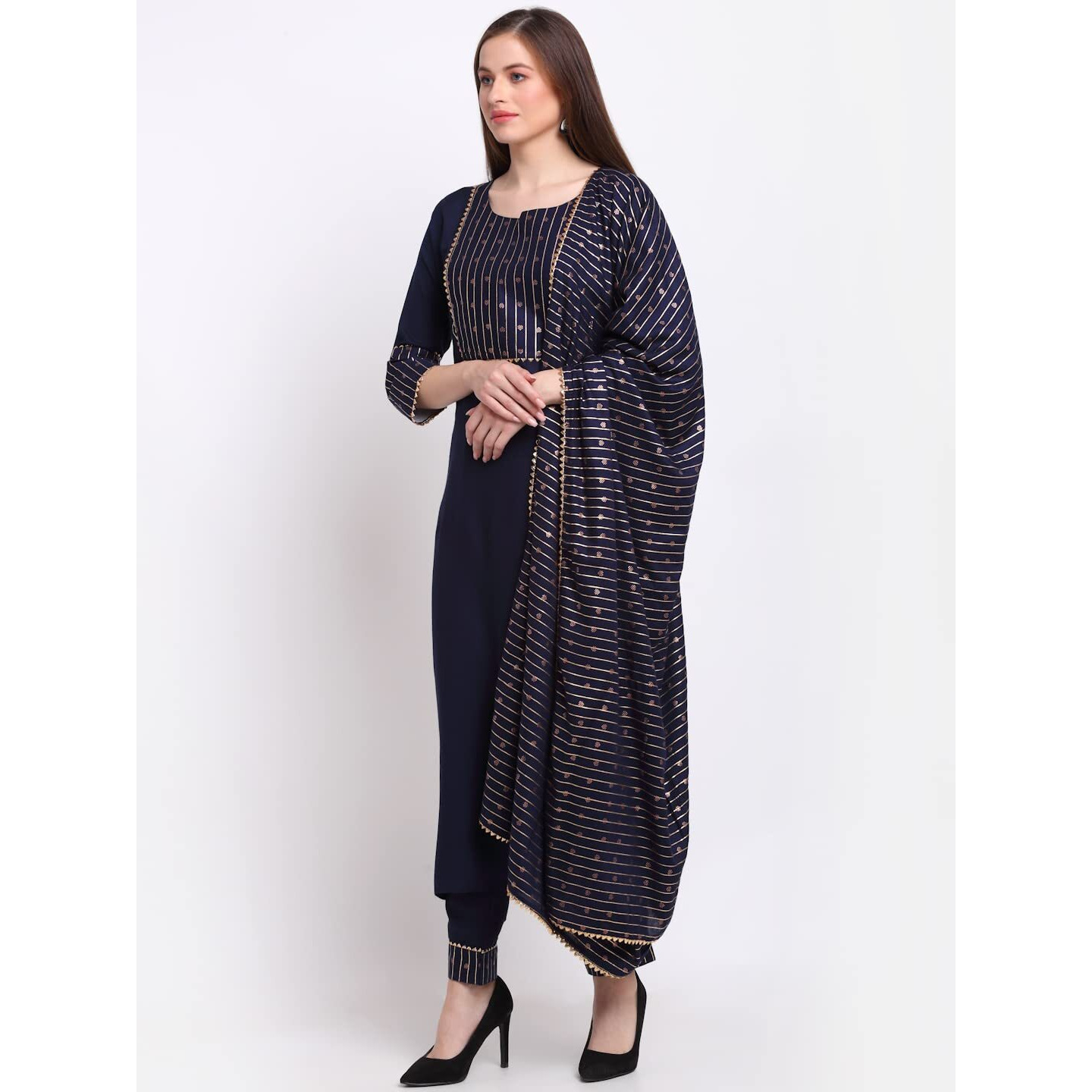 GoSriKi Women's Cotton Straight Kurta with Palazzo & Dupatta (CHHAVI Navy Blue_S-GO_Navy Blue_Small)