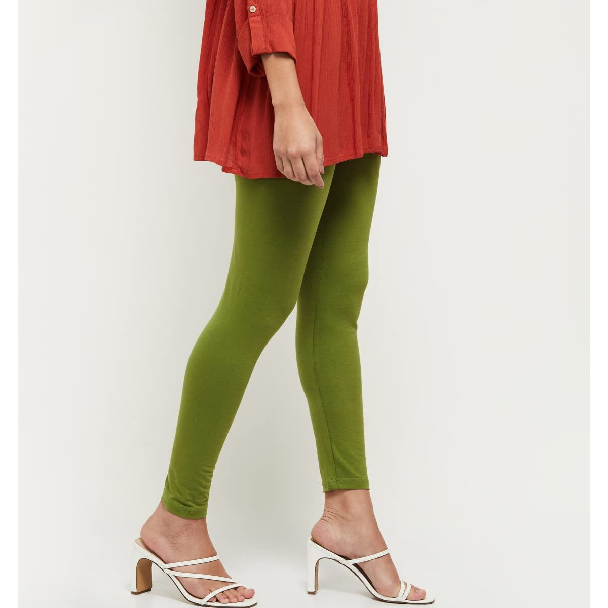 Max Women Solid Leggings (NOOSAL21LG_Light Green_L) Slim