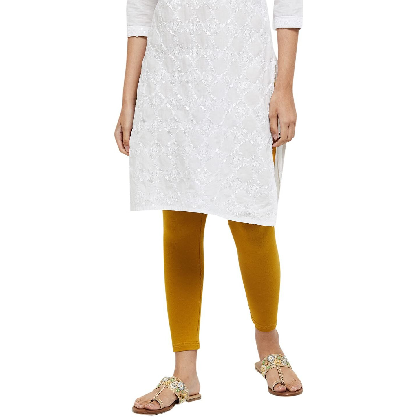 Max Women Solid Elasticated Regular Fit Leggings (Noosal21Mg_Mustard Gold_Large)