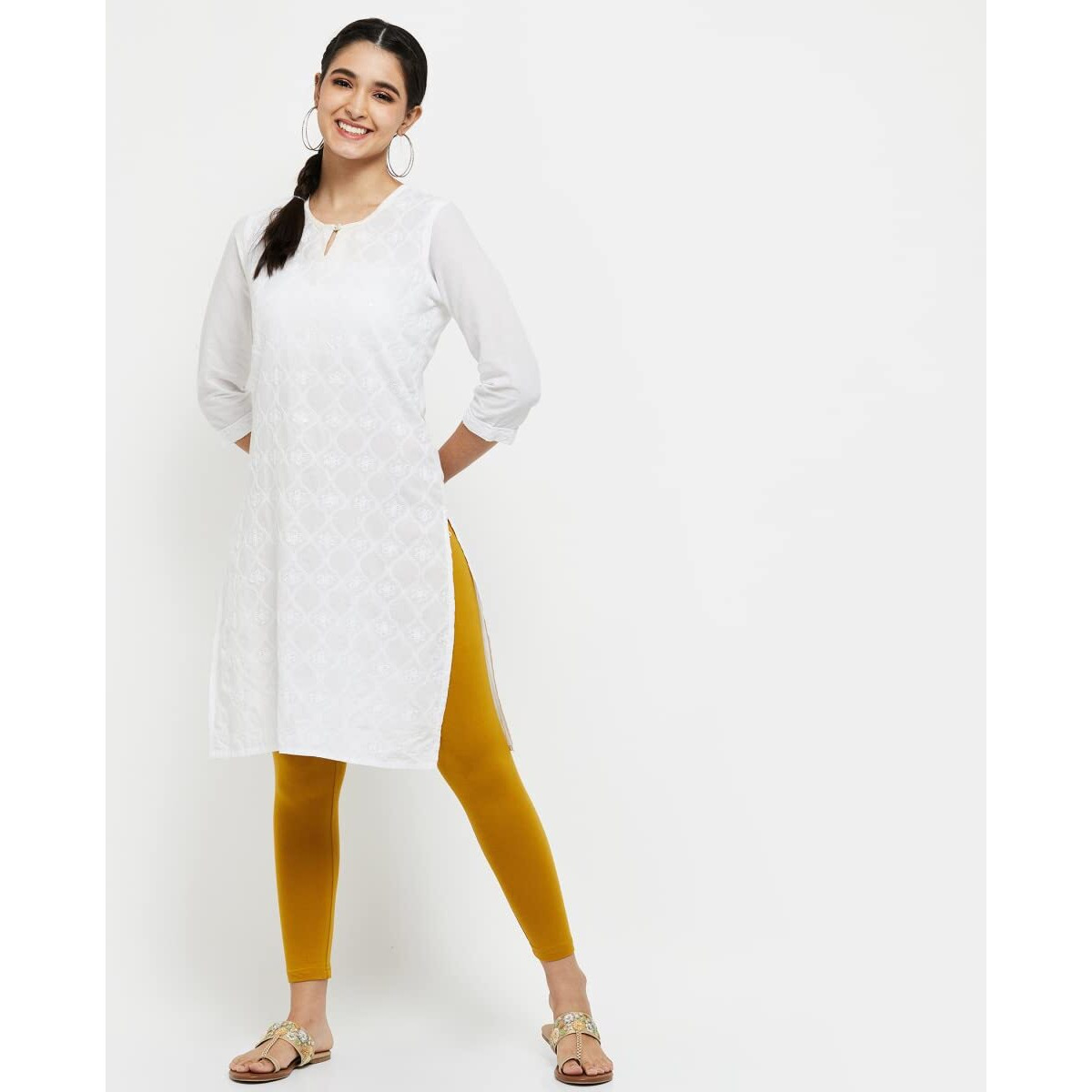 Max Women Solid Elasticated Regular Fit Leggings (Noosal21Mg_Mustard Gold_Large)