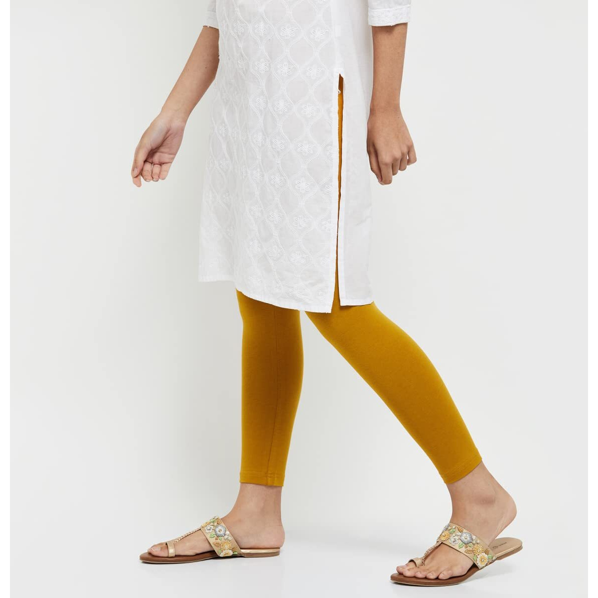 Max Women Solid Elasticated Regular Fit Leggings (Noosal21Mg_Mustard Gold_Large)