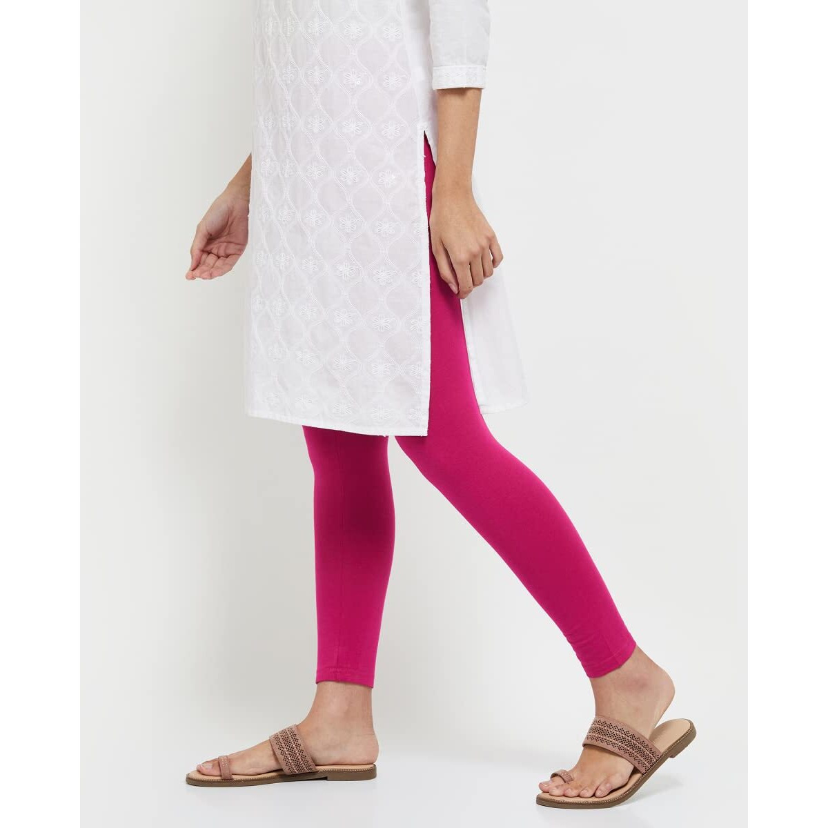 Max Women Solid Elasticated Leggings (Noosal21Rorose Pink)_S | Fit Type Regular Fit