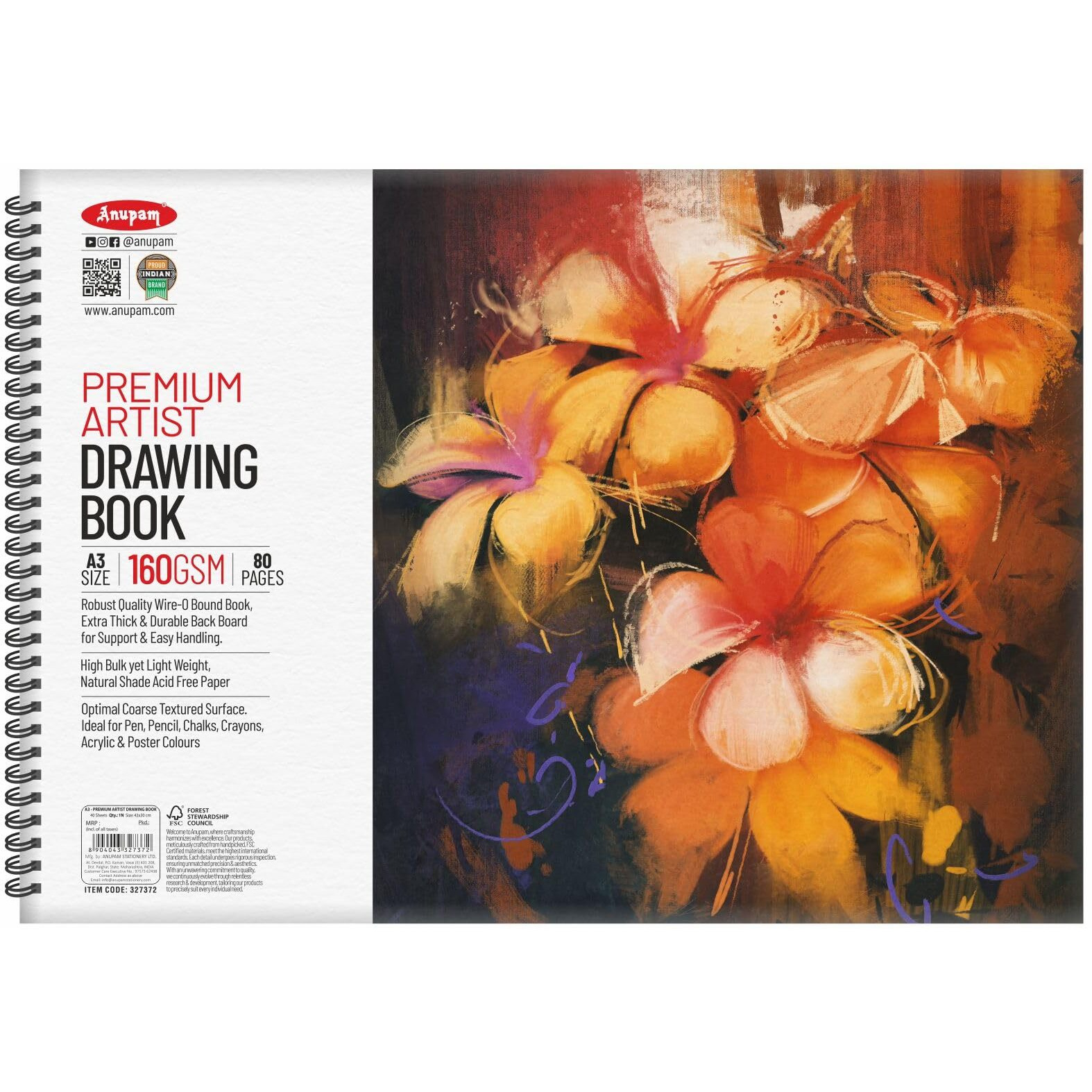 Anupam Artist Premium Drawing Book A3 | Acid-free Cartridge Paper 160GSM (40 Sheets, 80 Pages) | Spiral-Bound Sketchpad for Artists & Professionals for Marker Colored Pencil Charcoal Pastel