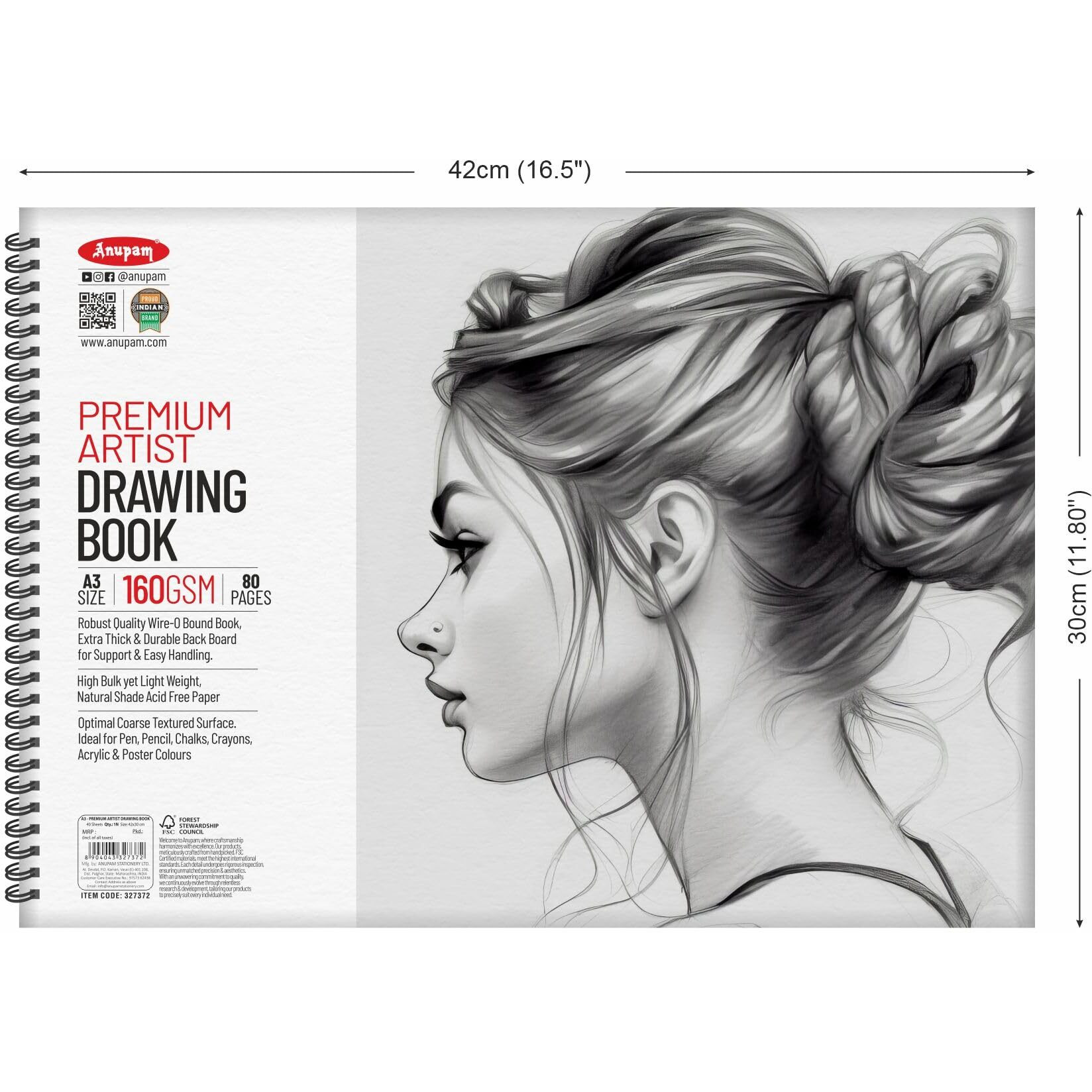 Anupam Artist Premium Drawing Book A3 | Acid-free Cartridge Paper 160GSM (40 Sheets, 80 Pages) | Spiral-Bound Sketchpad for Artists & Professionals for Marker Colored Pencil Charcoal Pastel