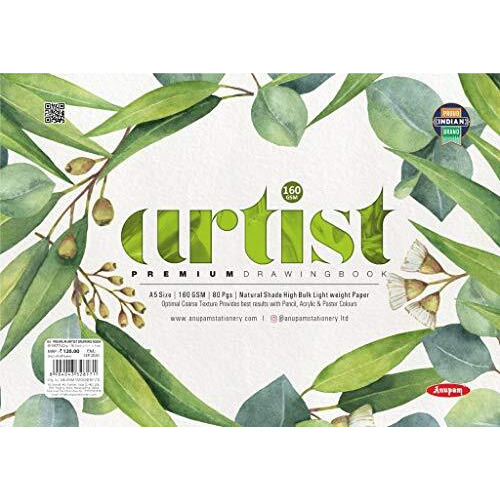 Anupam Artist Premium Drawing Book A5 | Acid-free Cartridge Paper 160GSM (40 Sheets, 80 Pages) | Spiral-Bound Sketchpad for Artists & Professionals for Marker Colored Pencil Charcoal Pastel