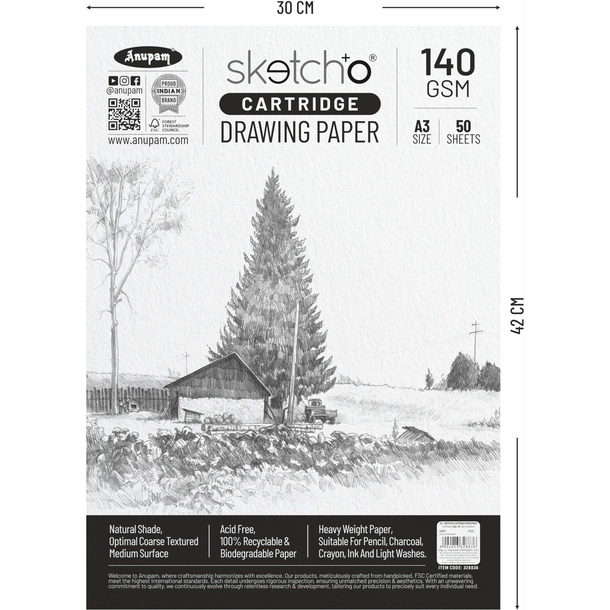 Anupam SketchO Sketching & Drawing Paper A3 | 50 Sheet 100 Pages | 140 GSM Sheet for Pencil, Charcoal, Graphite, redchalk Pastel, Chalk, Oil Pastel & Wax Crayon for Artist's & Amateurs