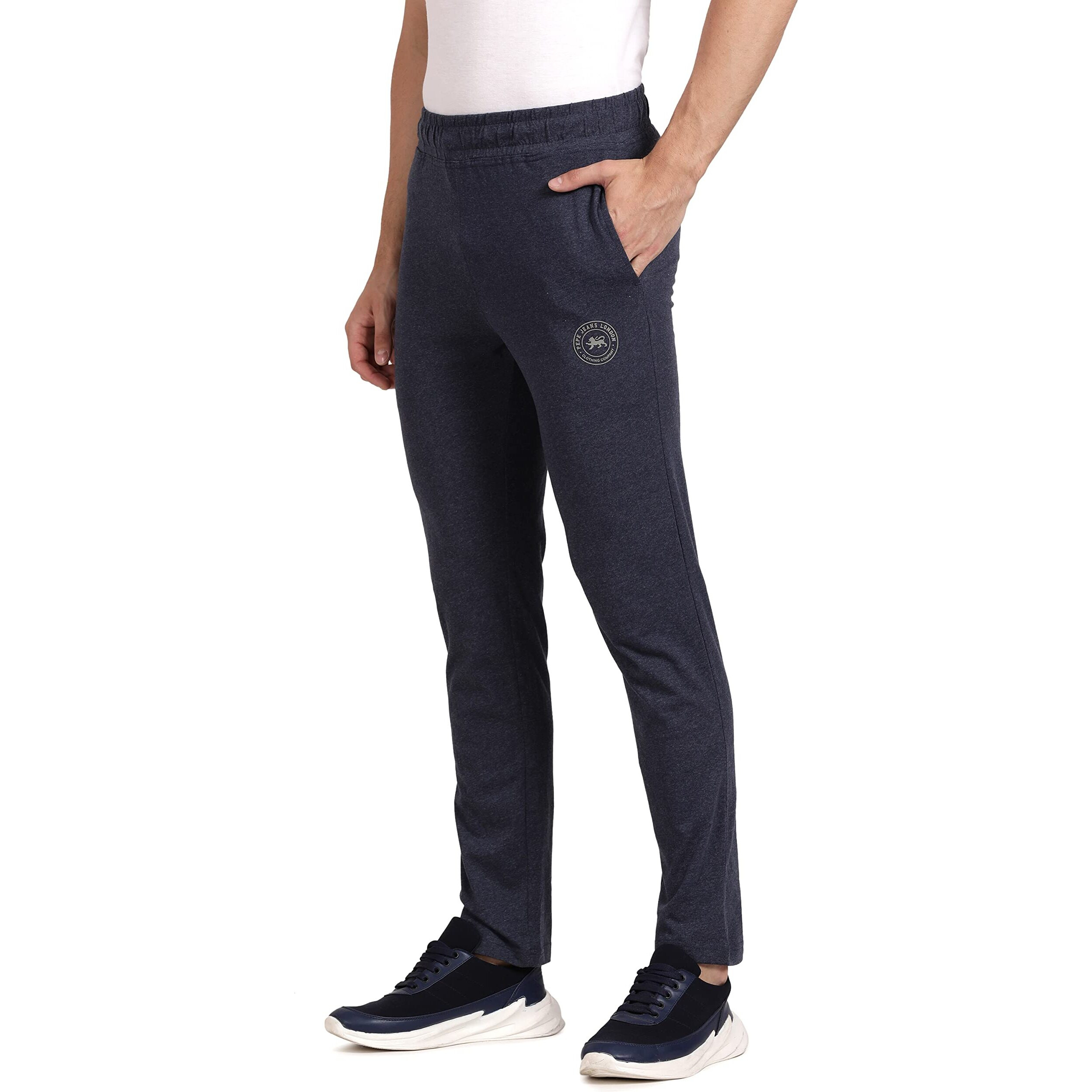 Pepe Jeans Athleisure Men Slim Fit Cotton Stretch Track Pants | Sporty Jersey Lounge Pants with Encased Elastic Waist & Side Pockets in Blue Melange - XXL