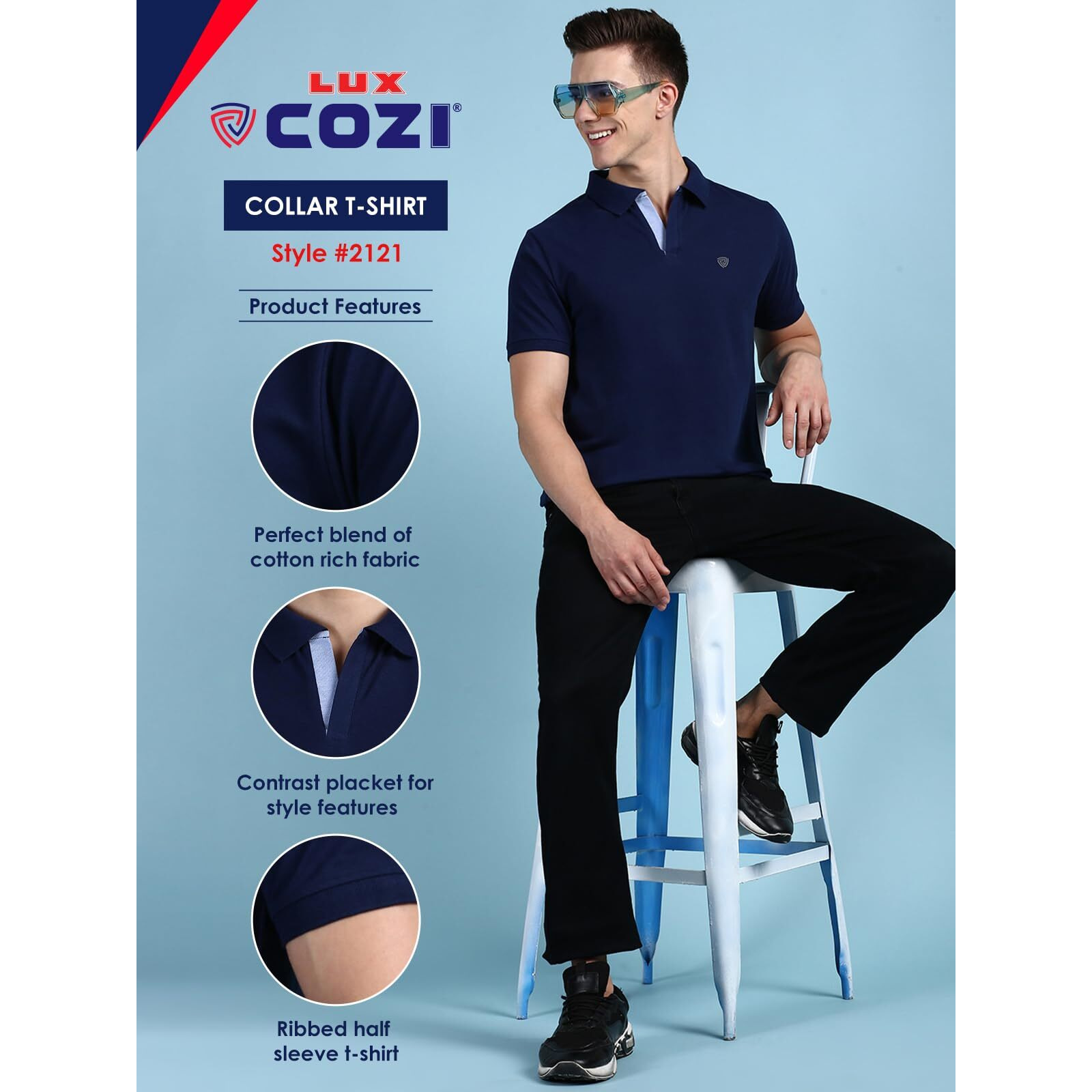 Lux Cozi Men's Pack of 1 Ink Blue Regular Fit Polo Neck Half Sleeve Solid Casual T-Shirt (Size  Medium)_COZI_2121_INKBU_M_1PC