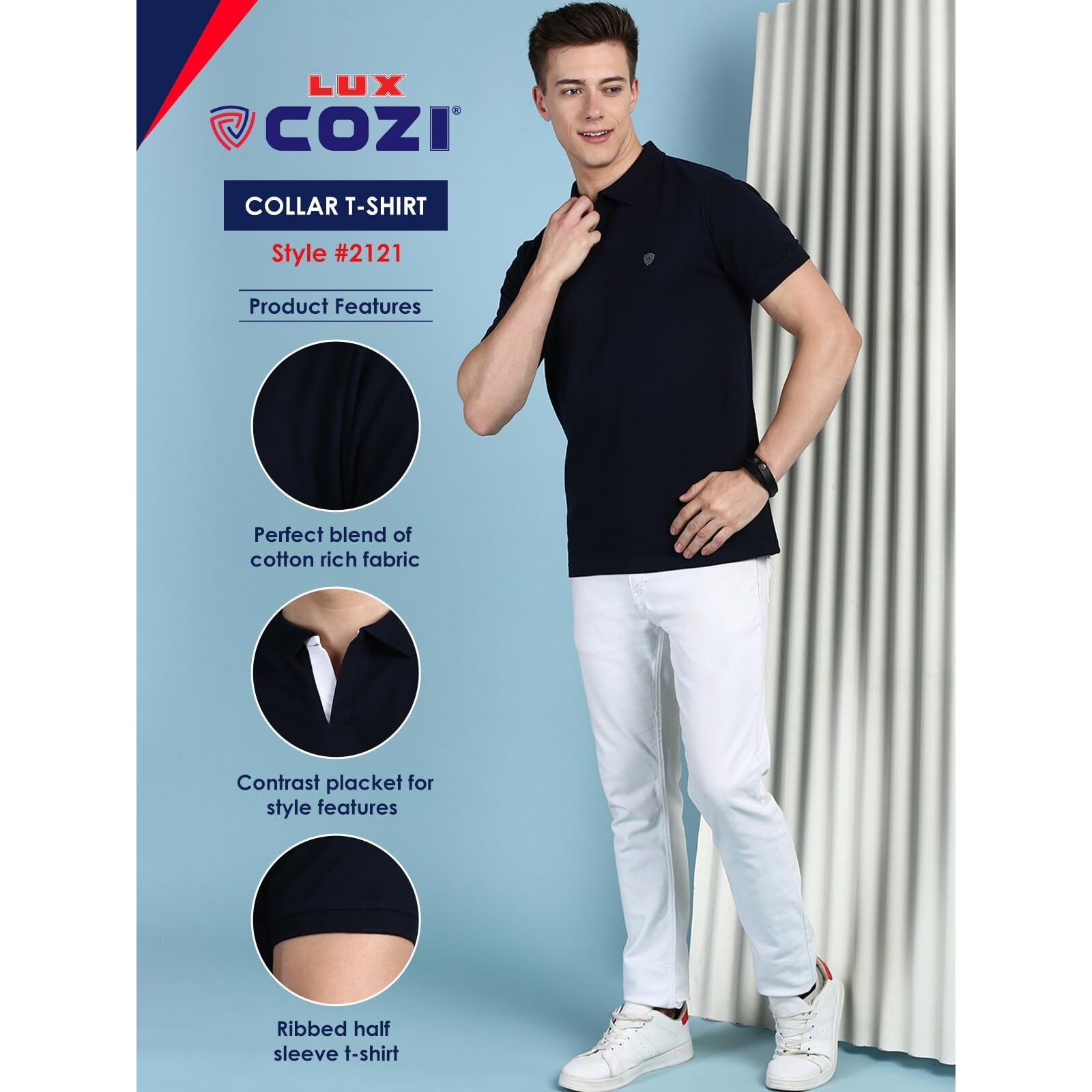 Lux Cozi Men's Pack of 1 Navy Regular Fit Polo Neck Half Sleeve Solid Casual T-Shirt (Size  X-Large)_COZI_2121_NB_XL_1PC