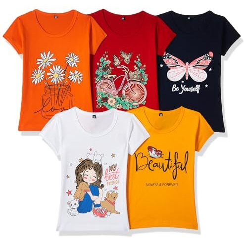 T2F Girl's Solid Regular Fit T-Shirt (GLS-TSRT-01_Multicolor 6 3-4 Years)