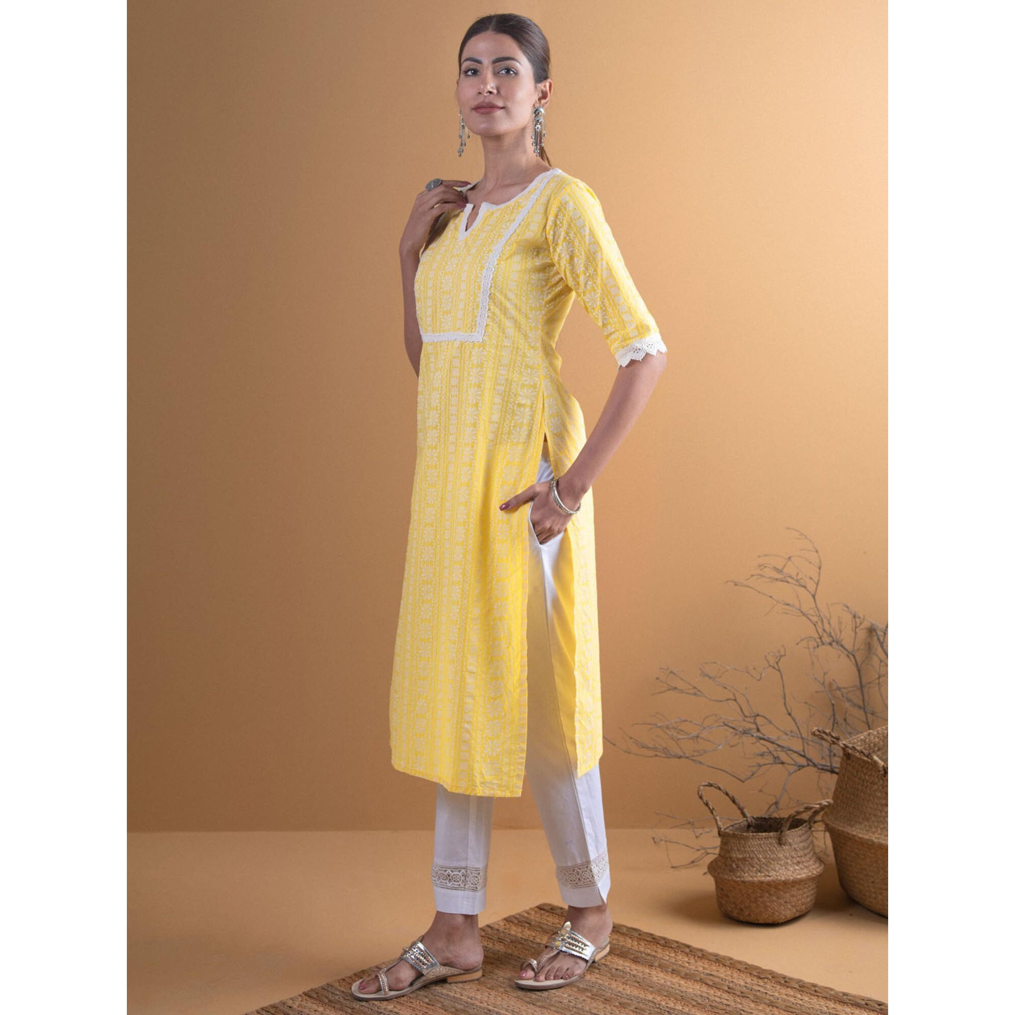 Libas Women's Cotton Straight Kurta (8479MJ_Yellow