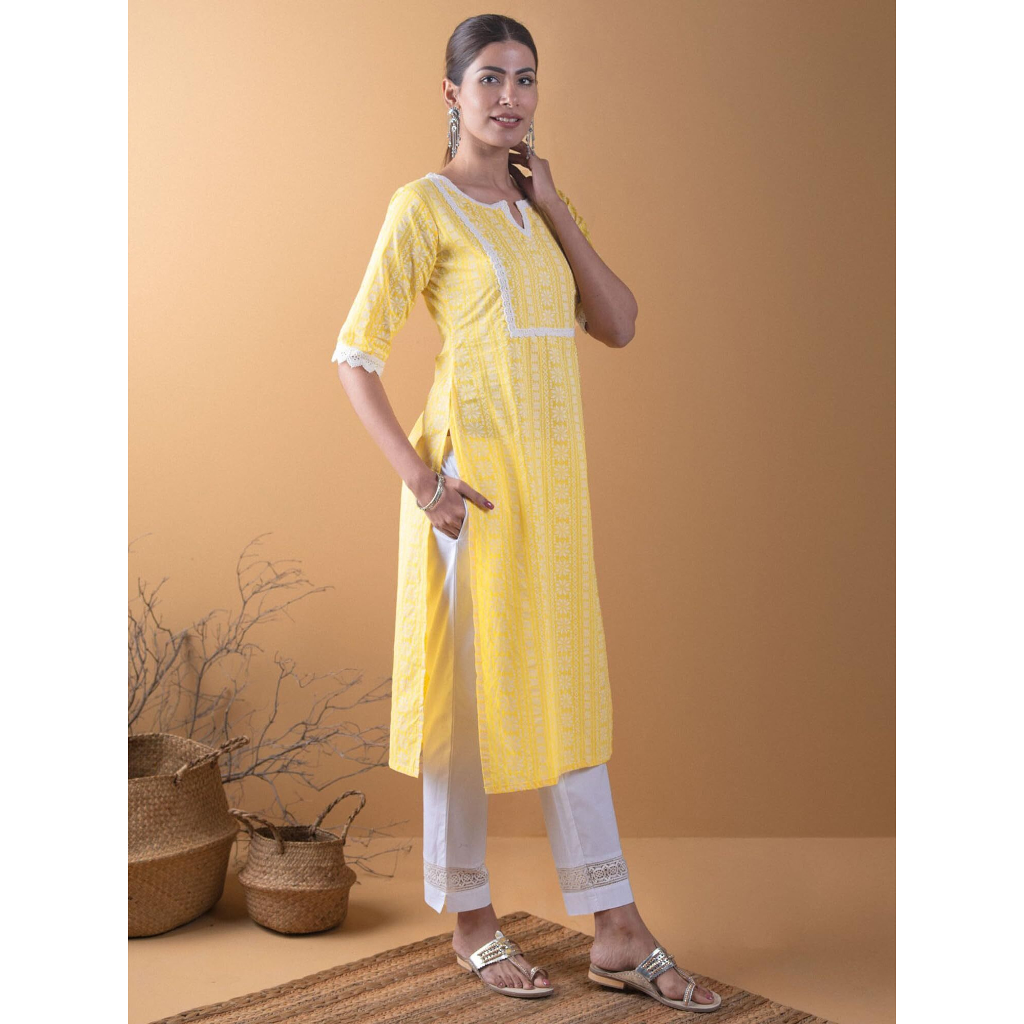 Libas Women's Cotton Straight Kurta (8479MJ_Yellow