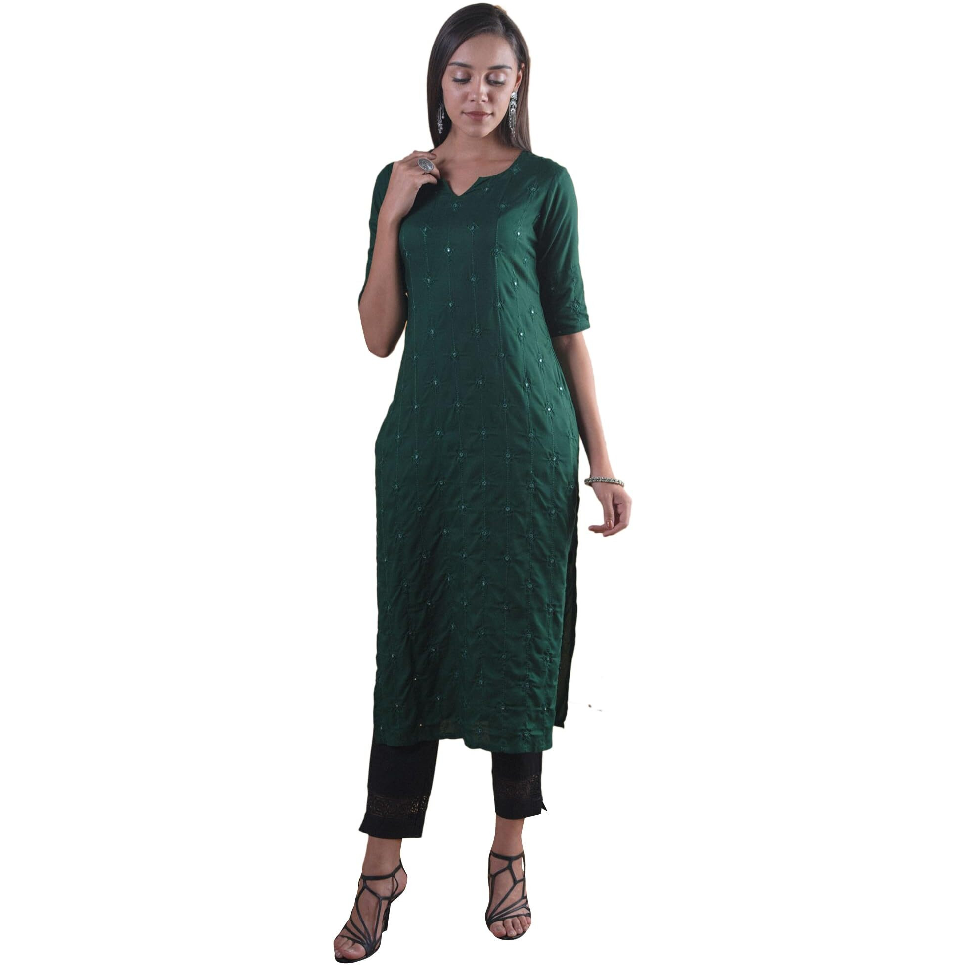 Libas Women's Rayon Straight Kurta (7333_Green