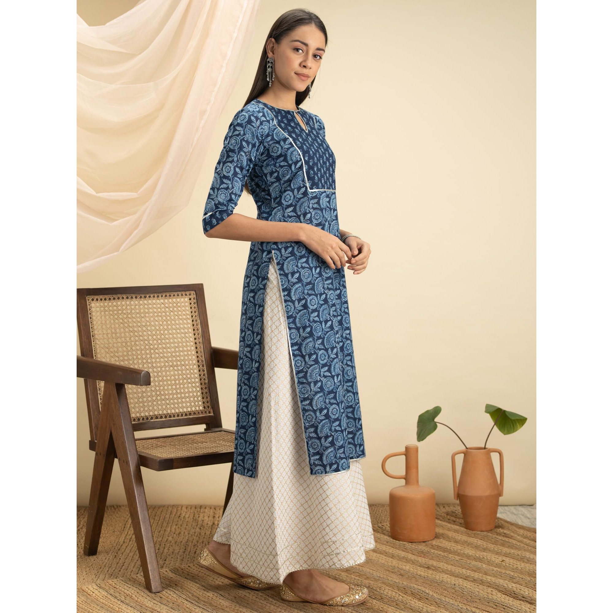 Libas Women's Cotton Printed Straight Kurta (12001O_Blue