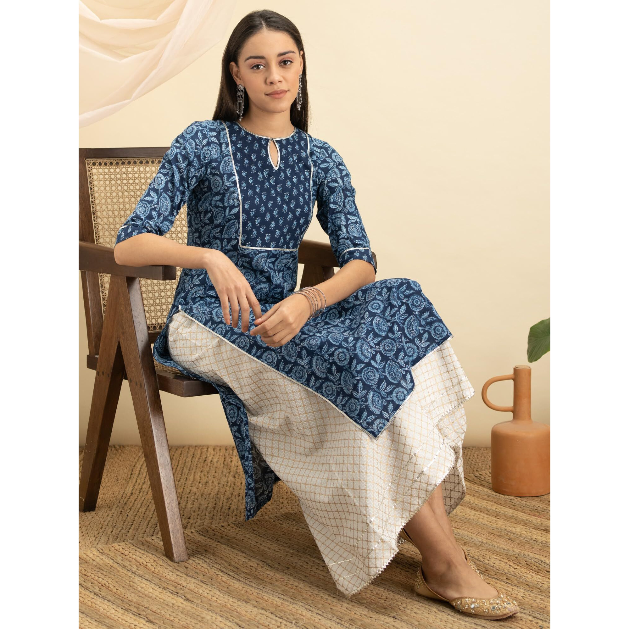 Libas Women's Cotton Printed Straight Kurta (12001O_Blue