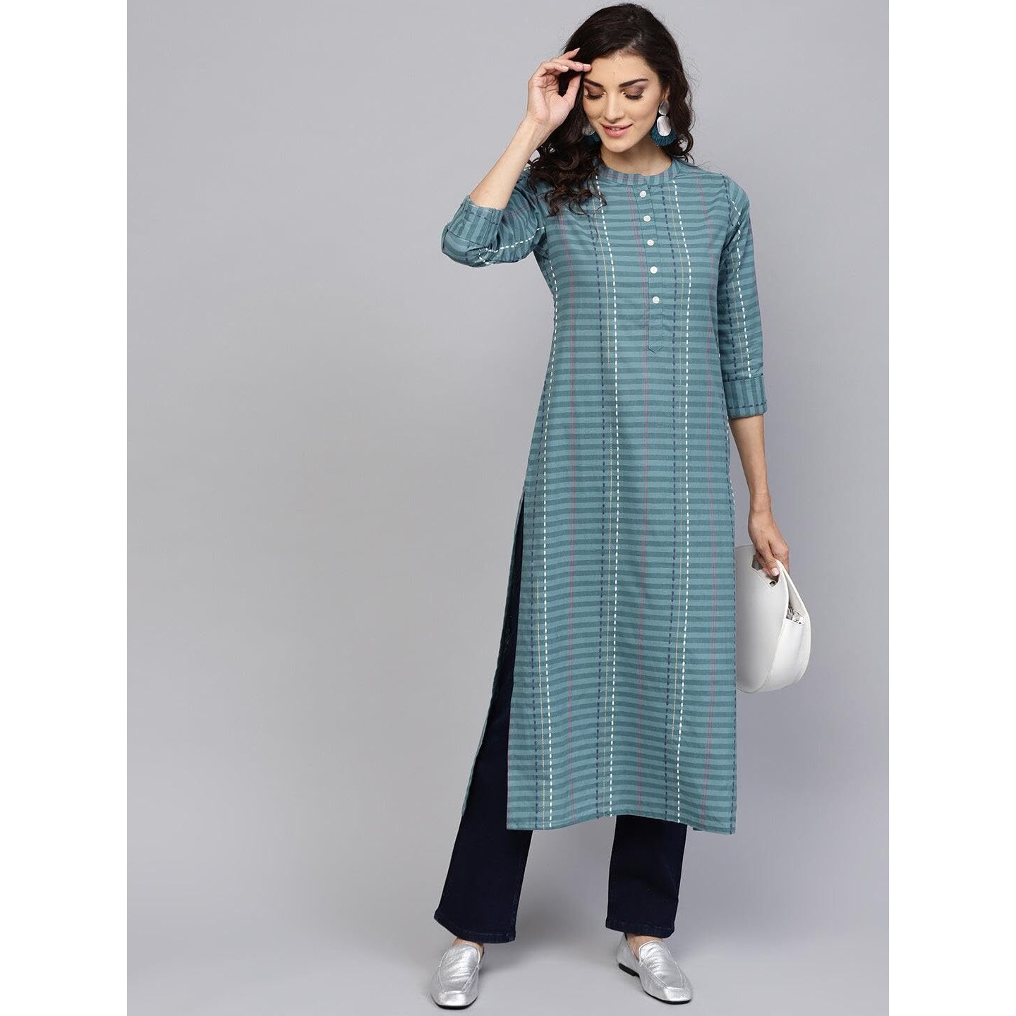 Libas Women's Pure Cotton Striped Straight Kurta (8013MJ_Grey