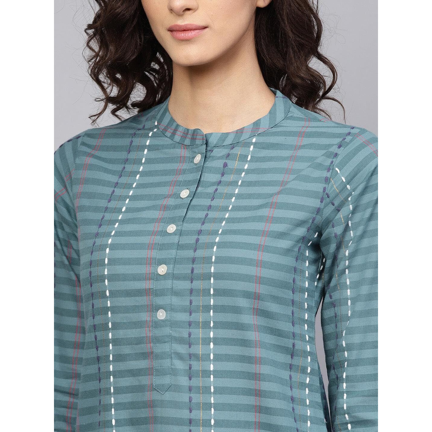 Libas Women's Pure Cotton Striped Straight Kurta (8013MJ_Grey