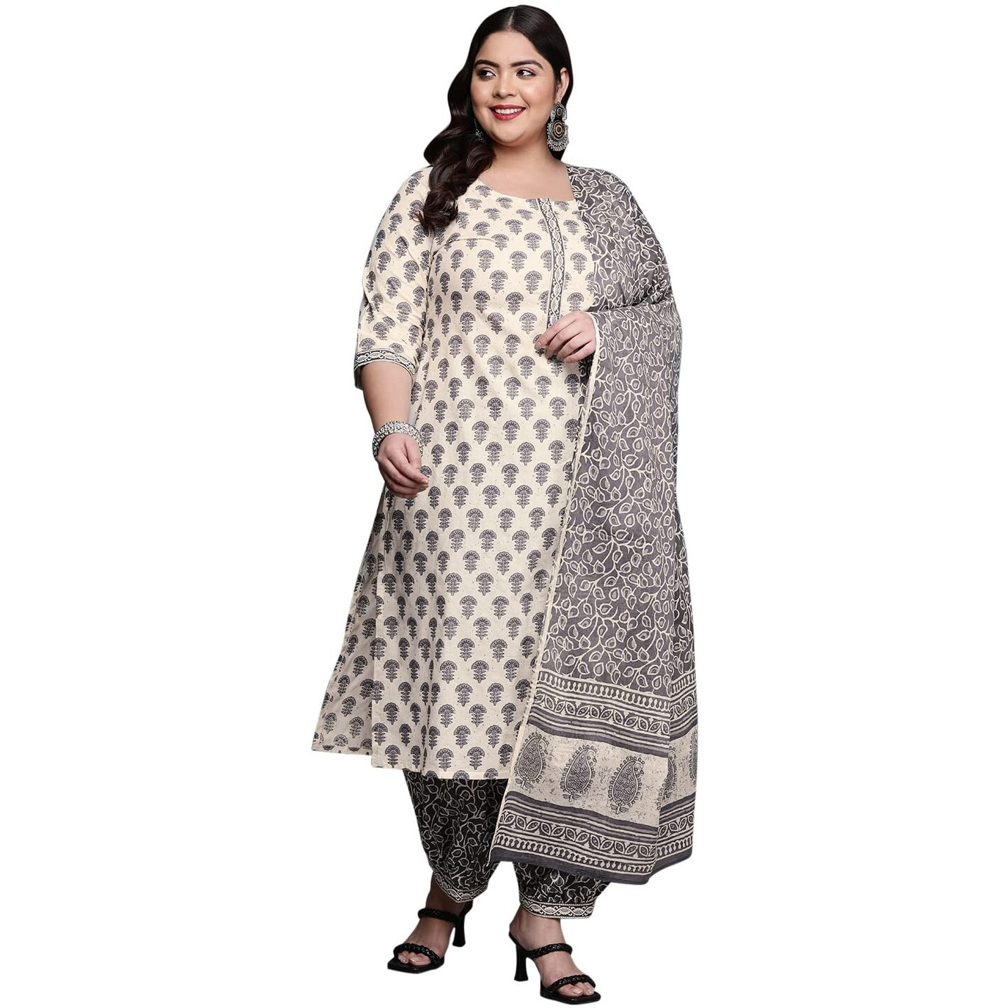 Extra Love by Libas Women's Pure Cotton Salwar Suit Set (15168O_Off White_3XL)