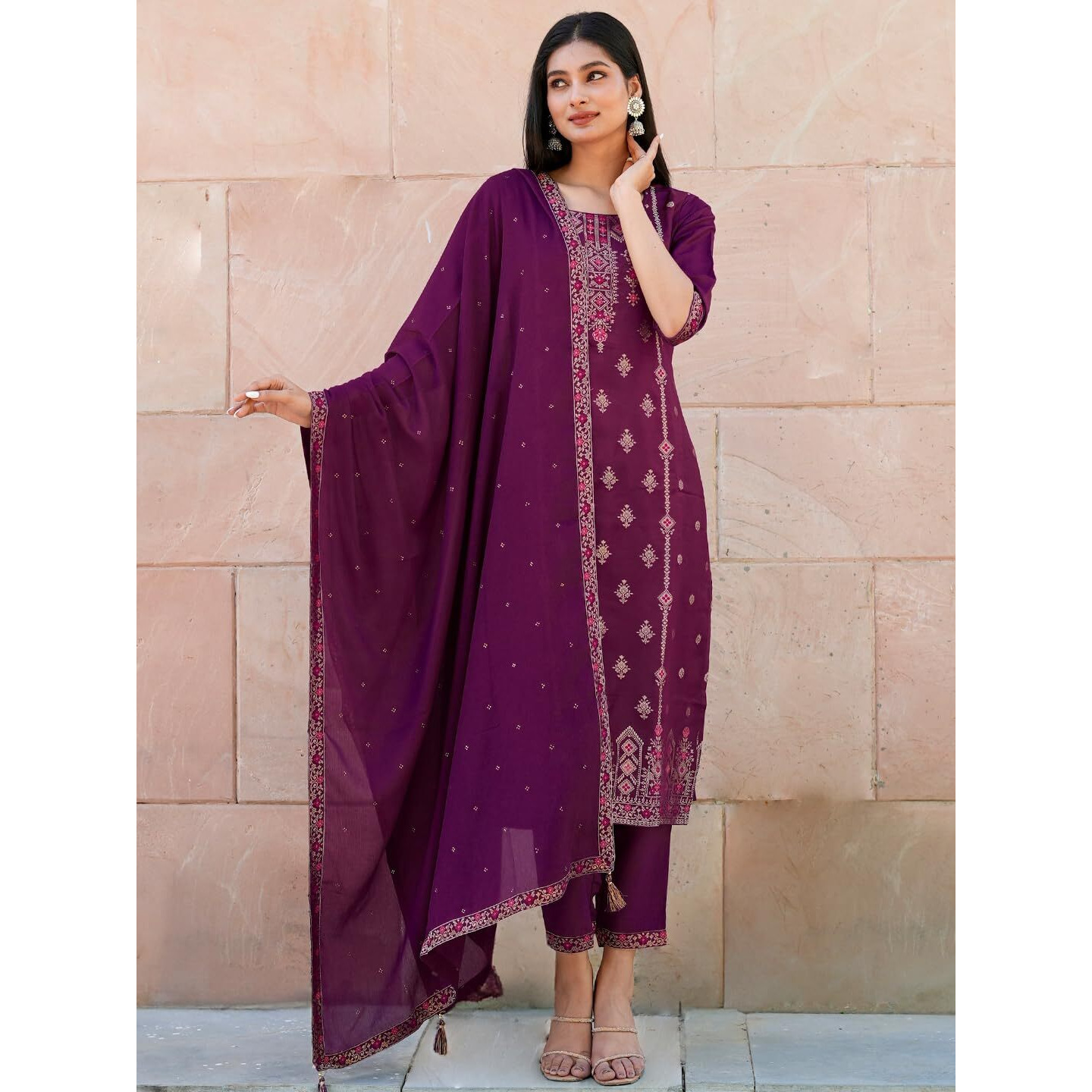 Libas Women's Silk Blend Kurta Sets (33345O_Purple