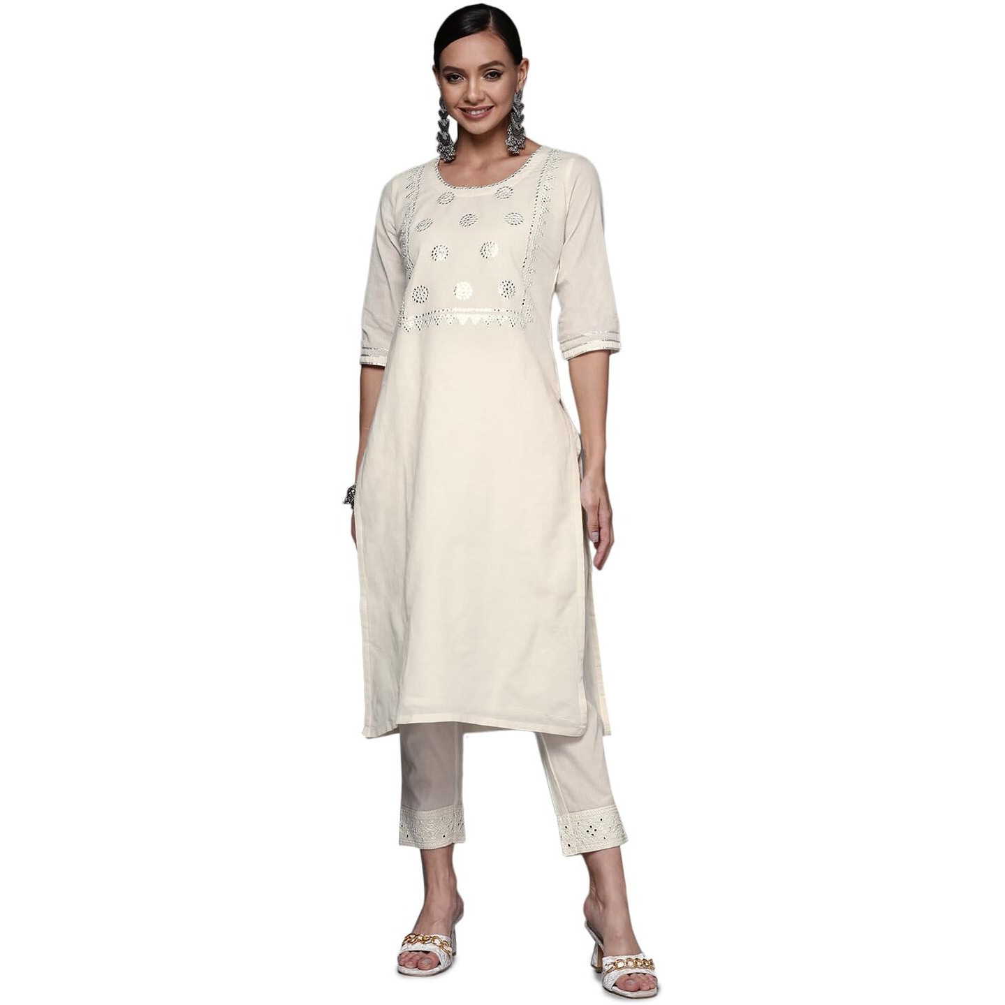 Libas Women's Cotton Yoke Design Straight Kurta (24044O_Off White