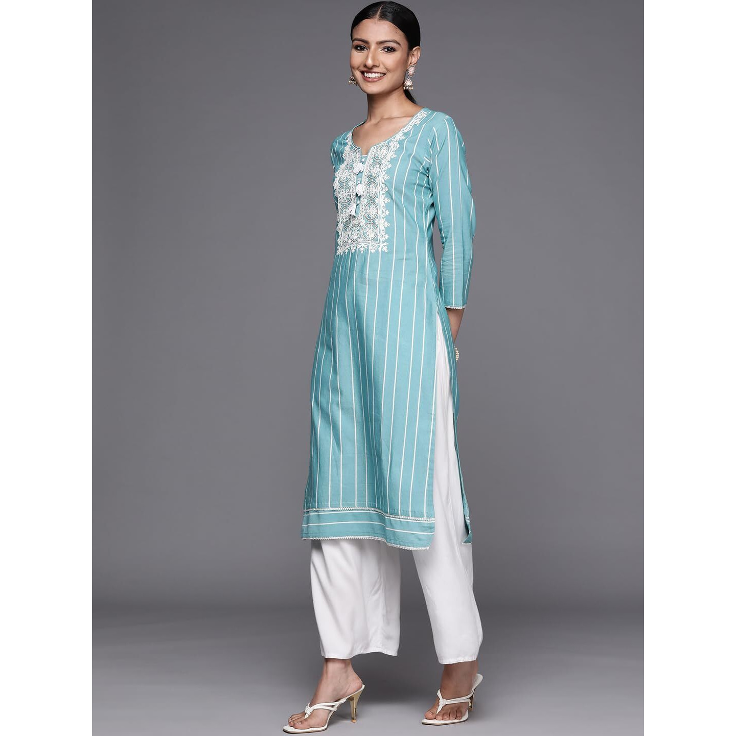 Libas Women's Cotton Yoke Design Straight Kurta (23637O_Blue