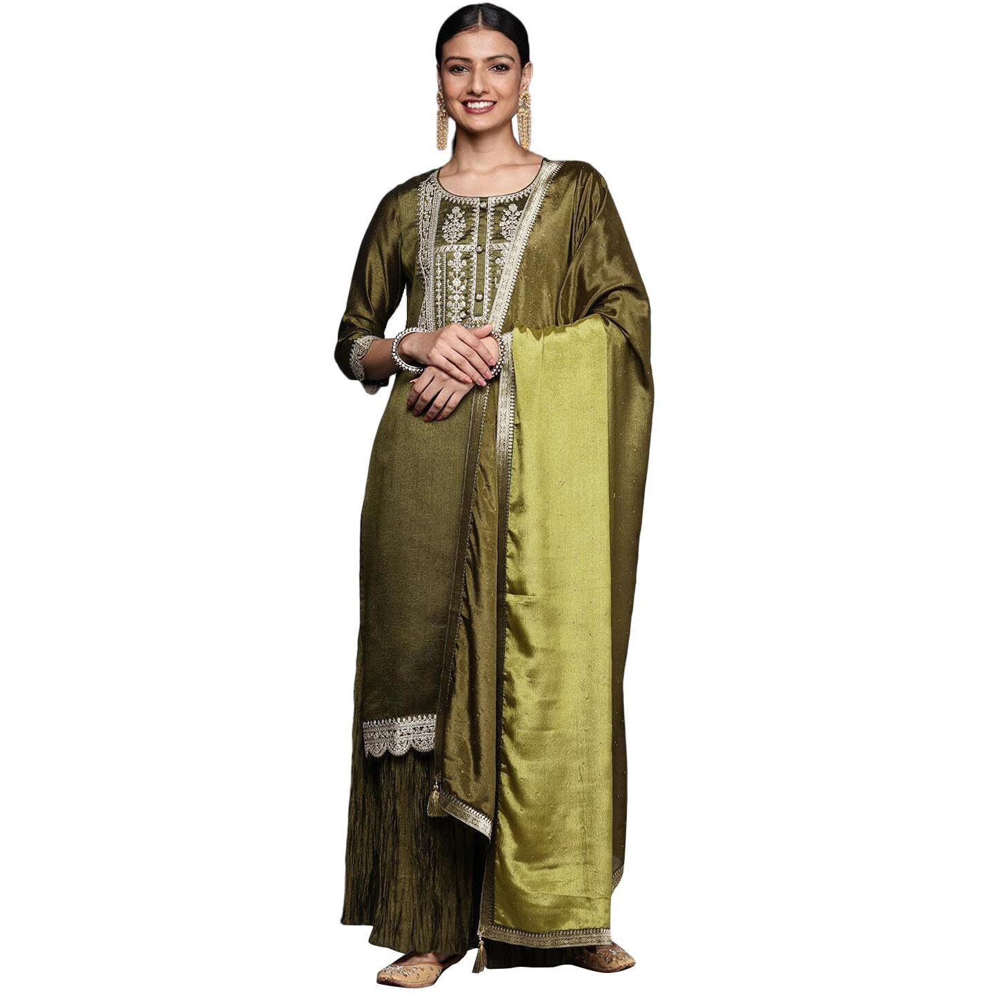 Libas Women's Silk Blend Kurta Sets (33570O_Olive