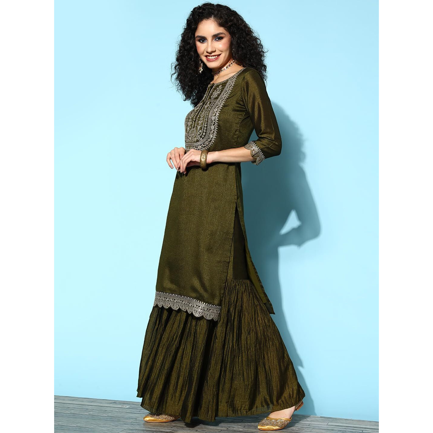 Libas Women's Silk Blend Kurta Sets (33570O_Olive