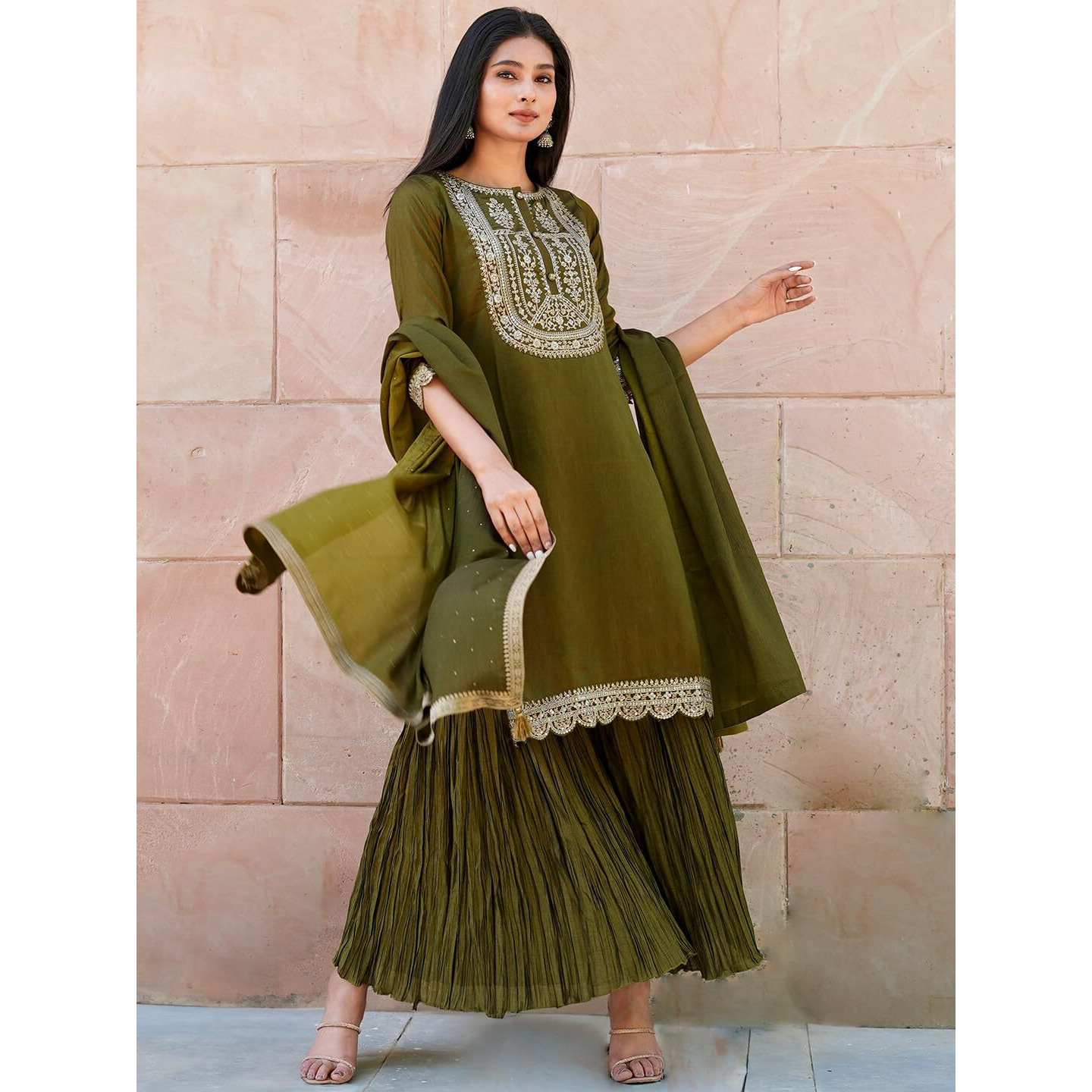 Libas Women's Silk Blend Kurta Sets (33570O_Olive